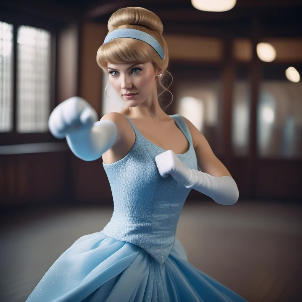 cinematic photo cinematic photo a full body agressive cinderella is a karate fighter in a dojo doing a highkick <lora:Cinderella1024:0.8> . 35mm photograph, film, bokeh, professional, 4k, highly detailed . 35mm photograph, film, bokeh, professional, 4k, highly detailed