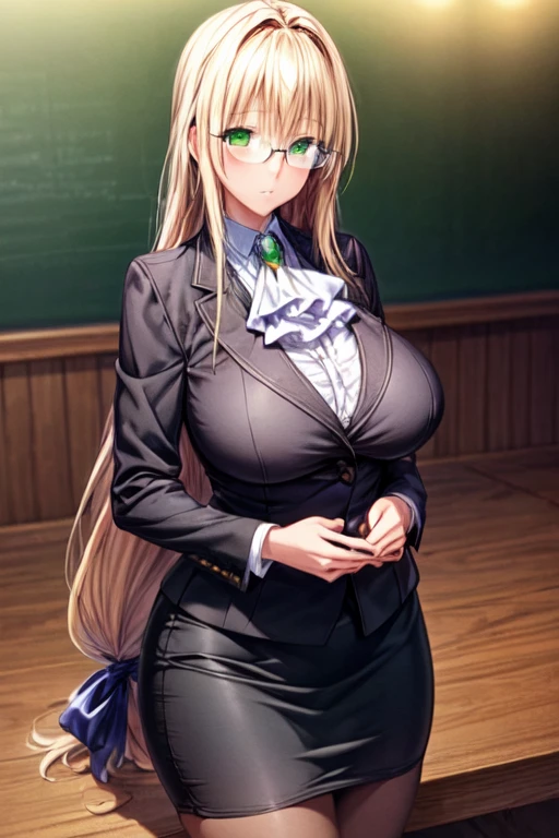 (masterpiece:1.2), best quality, high resolution, unity 8k wallpaper, (illustration:0.8), (beautiful detailed face, beautiful detailed eyes), perfect lighting, extremely detailed CG, (perfect hands, perfect anatomy), 
big breasts, milf, married woman, soft With a gentle appearance and a gentle mother-like atmosphere,
<lora:ãã£ã¢ã¼ã¦ã»ã«ããã£ã¼ã¯ Tearju Lunatique (To Love Ru Darkness)v2:0.6>, tearju _a_v2, long hair, blonde hair, low-tied long hair, hair intakes, bangs, hair ribbon, green eyes, glasses, large breasts, milf, white collared shirt, formal suit, long sleeves, white ascot, skirt, pencil skirt,, <lora:add_detail:1.3>
