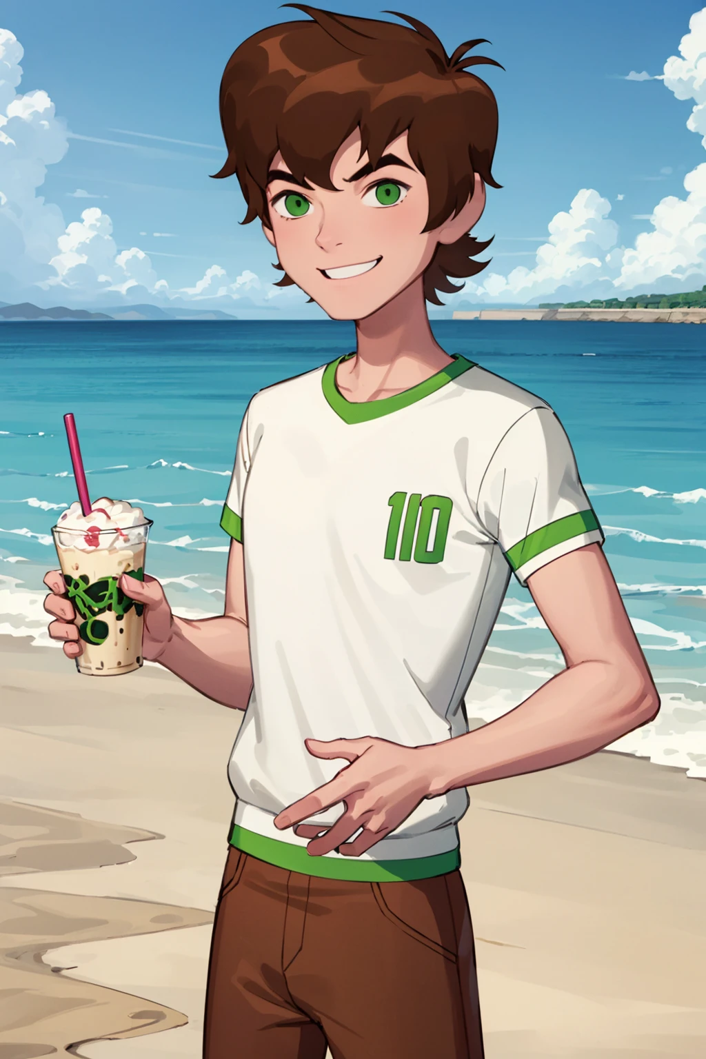 Ben_tennyson,solo,drinking ,soda,brown hair,green eyes,wears,blue shirt,upper body,cowboy shot,beach,smile,brown pants