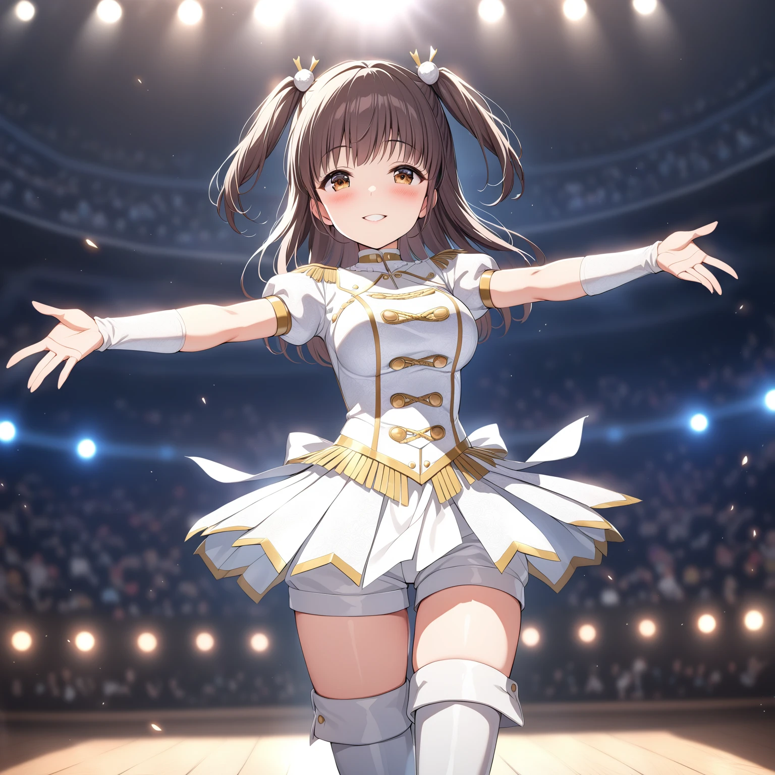 [high quality, best quality], [cinematic], 1girl, solo, suzumura yu, hair ornament, idol costume, thigh boots, outstretched arms, smile, blush, on stage, [bloom, hdr], <lora:yu:0.75>