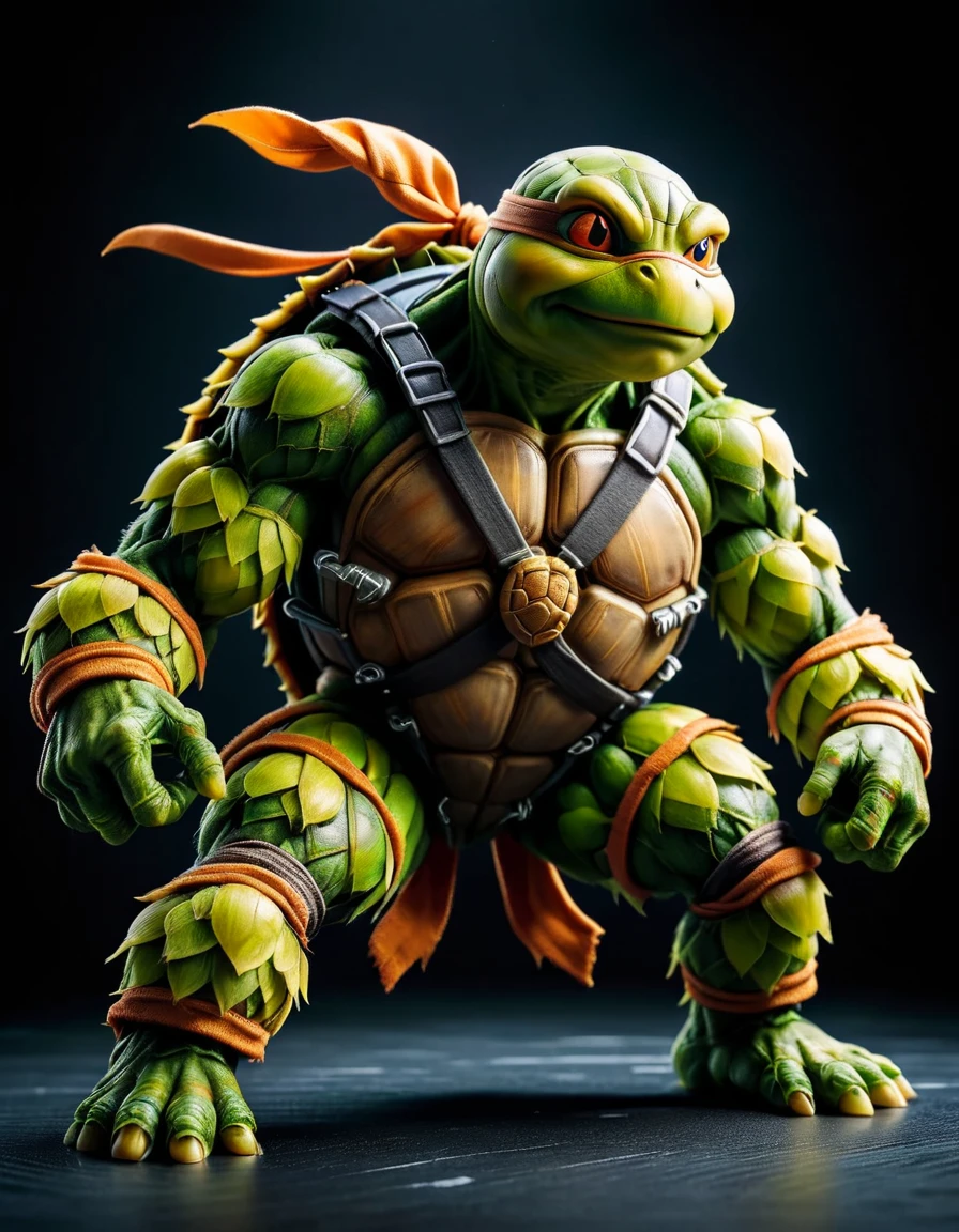 Muscular, teenage ninja turtle, in an imposing position, with a dark background, but with vibrant colors on its body. decorated with amber accents, masterpiece of art, visually stunning, intricate details, sharp focus, 55mm f/ 1.8 lens, depth of field, natural daylight <lora:ral-hops:1> ral-hops