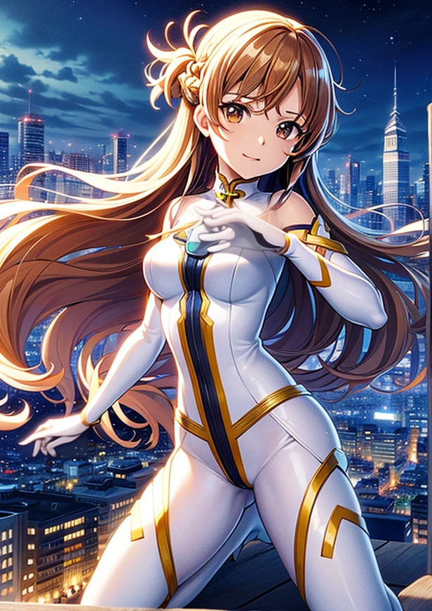 (masterpiece), (best quality), (high res), medium breasts, ((leotard, white and red leotard, matching leotard, sleeveless, bare legs)), ((tight belt, gold belt)), ((boots, matching boots, ankle-high boots, white boots)), ((gloves, white gloves)), city backdrop, tokyo city backdrop, solo, solo focus, standing, (full body), cowboy shot, superhero, ((beautiful detailed eyes)), ((gold star symbol on chest)), (brown hair, long hair, straight hair, purple eyes), (perfect hands, perfect anatomy), cowboy shot, superhero, ((beautiful detailed eyes)), full body costume design.
High Resolution, Looking at viewer, Anime Style, 