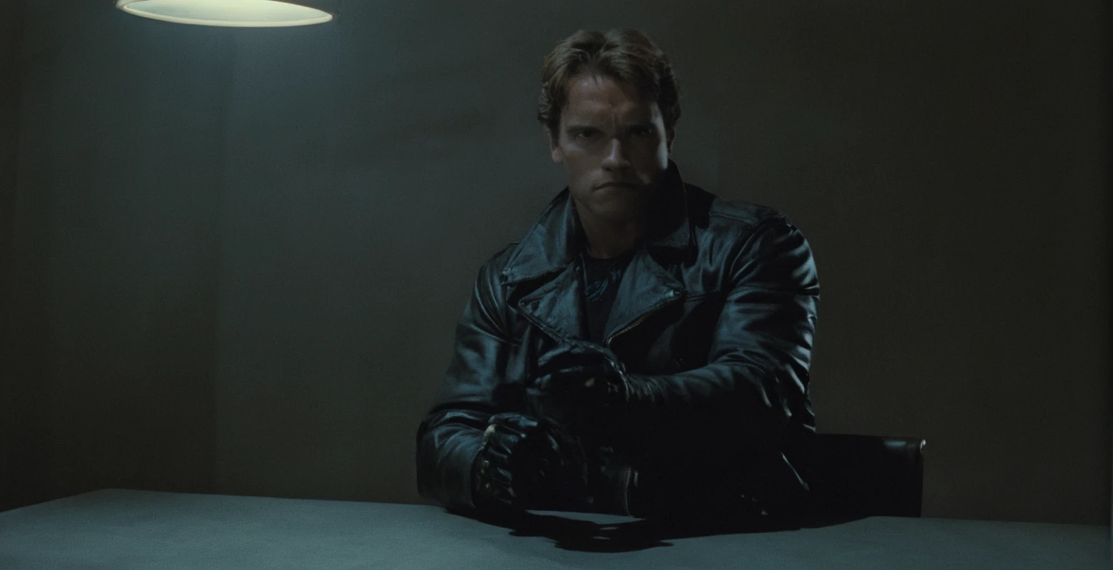 Horror-themed, <lora:Terminator style:0.9>
In the 1980's a person with a hand on a table,solo,gloves,1boy,male focus,black gloves,fingerless gloves,blurry , horror themed, dark themed, low key light, dramatic light, dramatic shadow light, contrast, cinematic color, cinematic look, filmic, realistic, realism, perfection, perfect, Kodak, Kodak film, movie still, Terminator style, The Terminator 1984 Film style, Eerie, unsettling, dark, spooky, suspenseful, grim, highly detailed