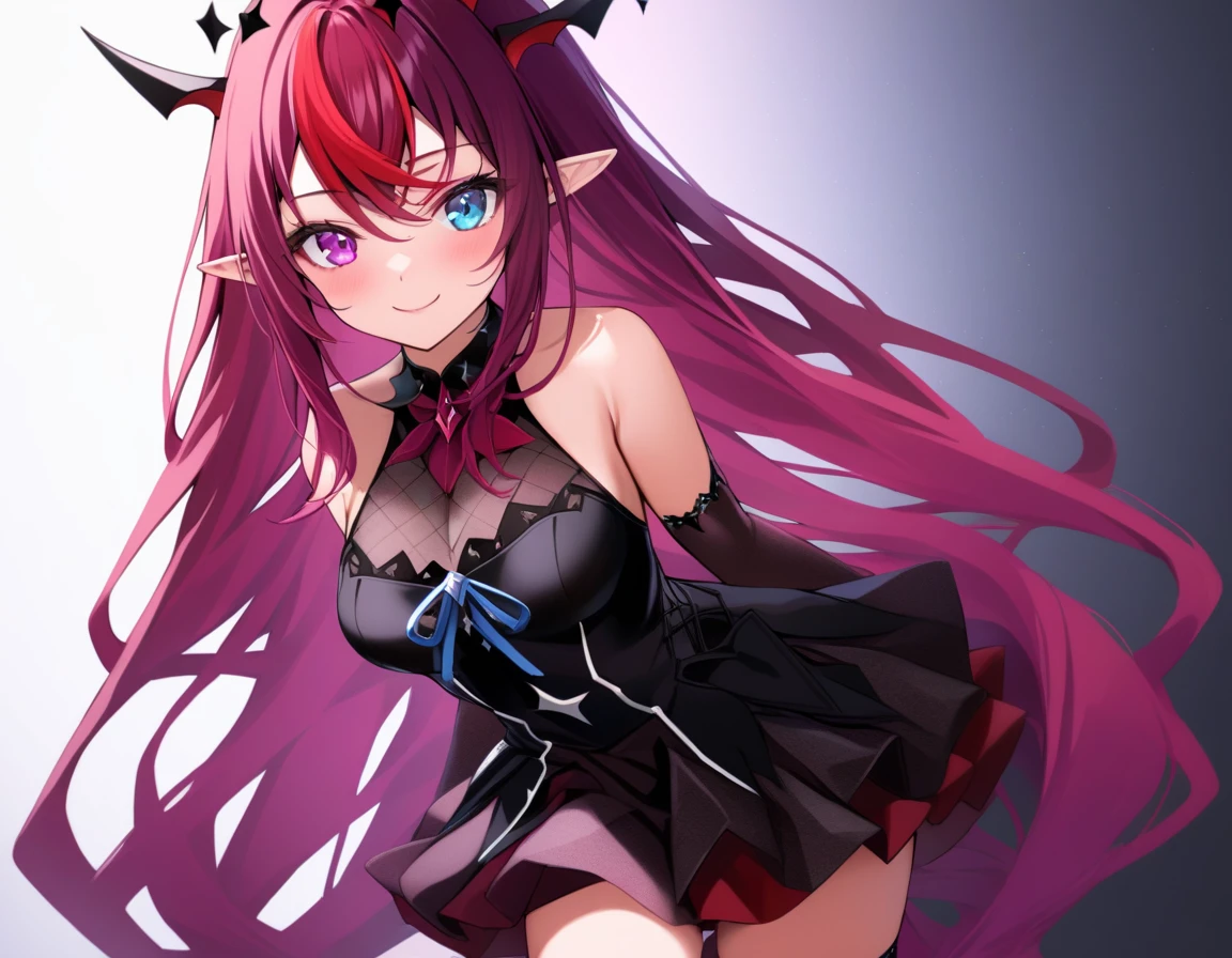 1girl,irys,bare_shoulders,black_background,blue_eyes,breasts,dress,halo,heterochromia,horns,long_hair,looking_at_viewer,medium_breasts,multicolored_hair,multiple_horns,pointy_ears,purple_eyes,purple_hair,red_hair,simple_background,smile,solo,star_halo,streaked_hair,very_long_hair,virtual_youtuber,zettai_ryouiki,detailed eyes,detailed face,masterpiece,<lora:Anime_Enhancer_XL:1>,<lora:irys-hololive-v1:1>,