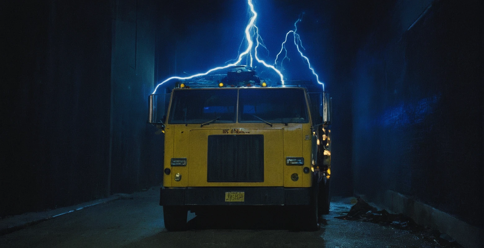 Horror-themed, <lora:Terminator style:0.9>
In the 1980's a large yellow garbage truck with a blue lightening bolt on it in a dark alley at nigh,outdoors,no humans,ground vehicle,scenery,motor vehicle,electricity,car,vehicle focus,wheel,truck , horror themed, dark themed, low key light, dramatic light, dramatic shadow light, contrast, cinematic color, cinematic look, filmic, realistic, realism, perfection, perfect, Kodak, Kodak film, movie still, Terminator style, The Terminator 1984 Film style, Eerie, unsettling, dark, spooky, suspenseful, grim, highly detailed
