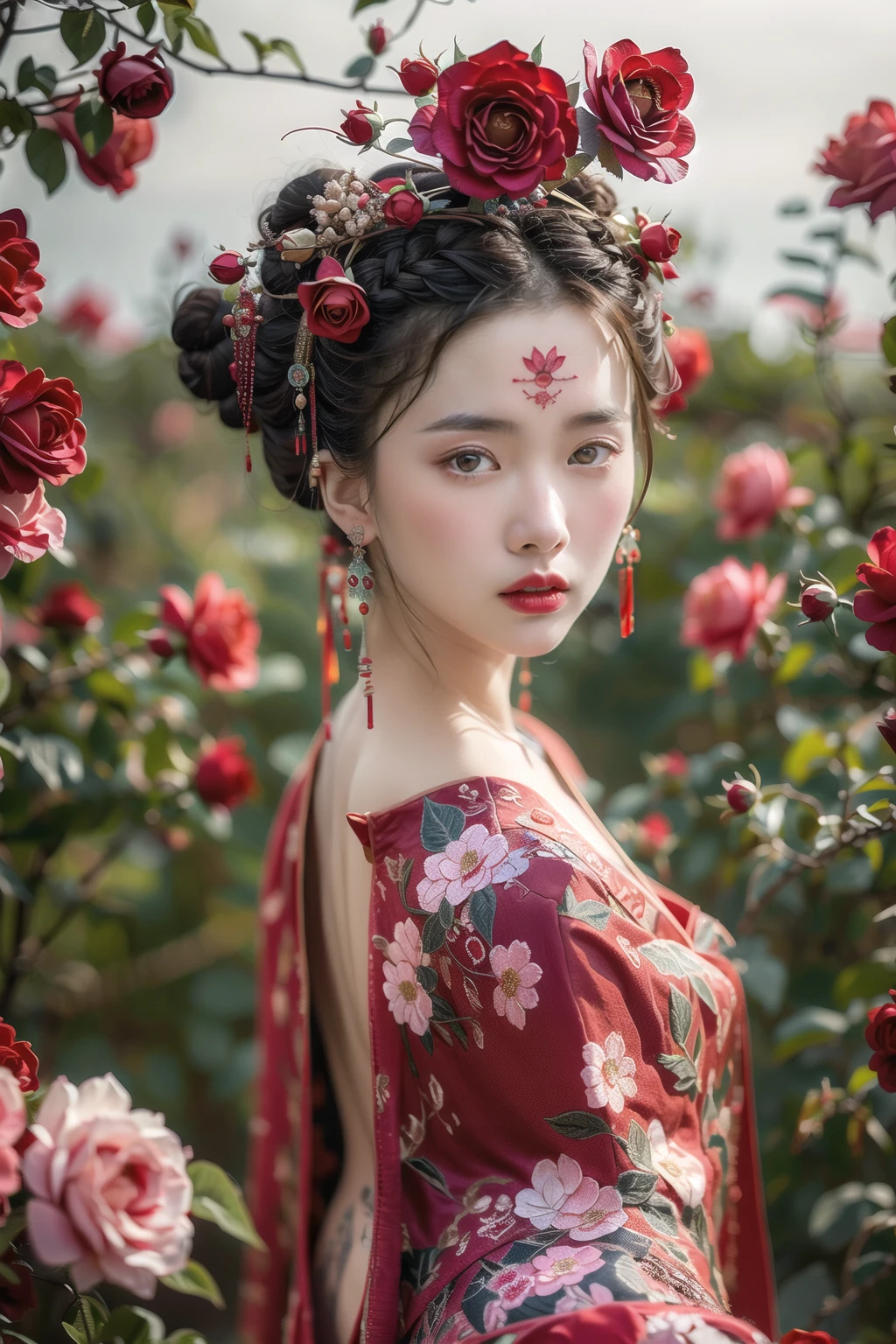 1girl, flower, hair ornament, solo, hair flower, black hair, chinese clothes, blurry, realistic, looking at viewer, rose, red lips, red flower, brown eyes, hair bun, makeup, braid, tattoo, forehead mark, from side, <lora:rose fashion-000008:0.9>,