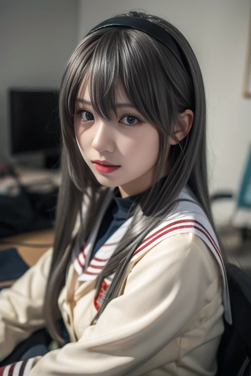 ltra-detailed,highly detailed,best quality,masterpiece,illustration,realistic,photorealistic,
sakagami tomoyo, hikarizaka private high school uniform,
1girl, solo, cosplay,
grey hair, very long hair, bangs, hairband,
looking at viewer, upper body,
<lora:sakagami tomoyo_v1_04:0.7>