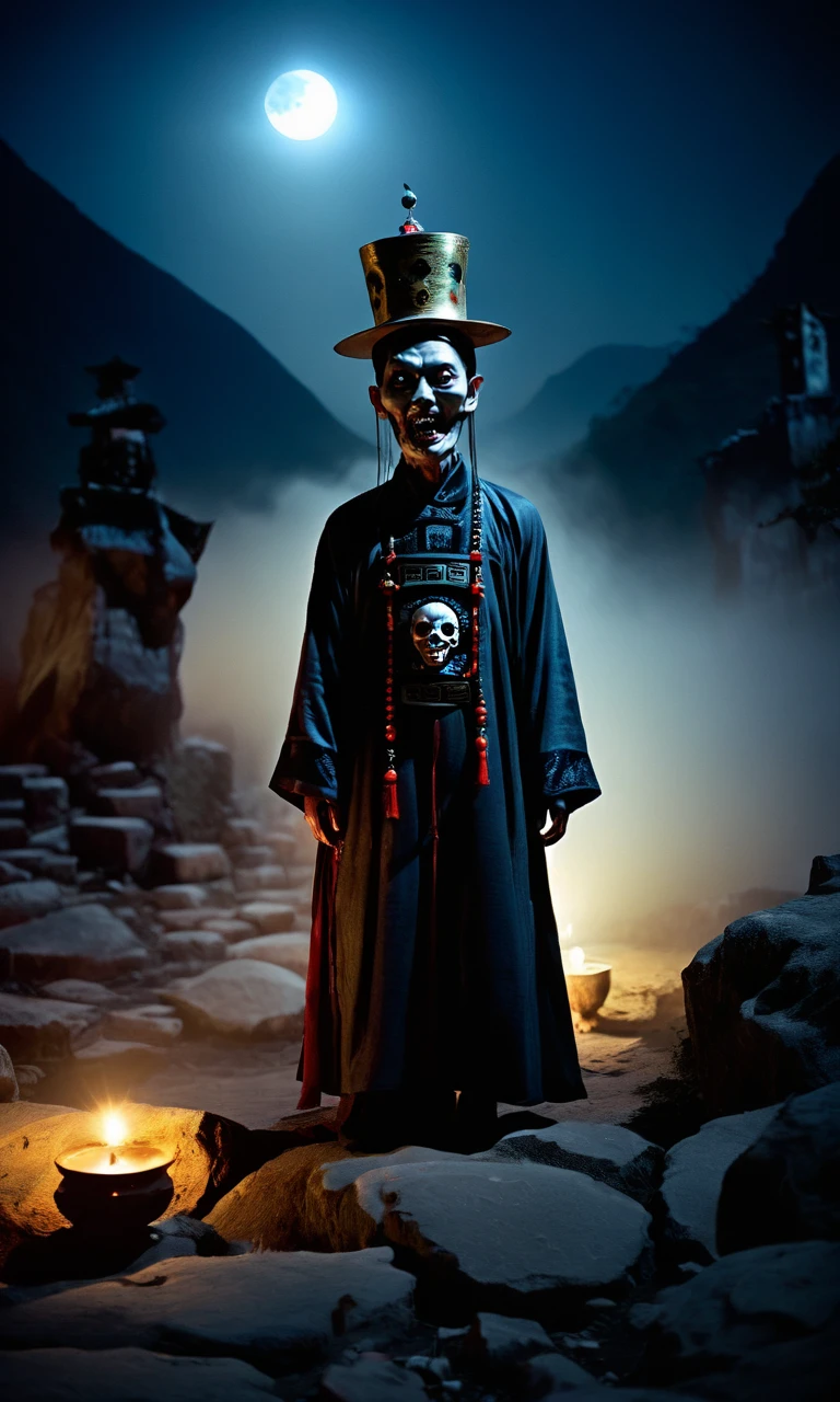 cinematic photo Chinese horror creature, ghost, Jiangshi folklore, hopping vampire, bulbous head, surreal lighting, candle atop head, creepy eyes, cracked skin, supernatural entity, mythical figure, eerie ambiance, ominous night, desolate landscape, Chinese undead, cultural monster, fantasy horror, mystical atmosphere, detailed texture, high-quality image,, <lora:Horror_ghost:0.8>,  . 35mm photograph, film, bokeh, professional, 4k, highly detailed