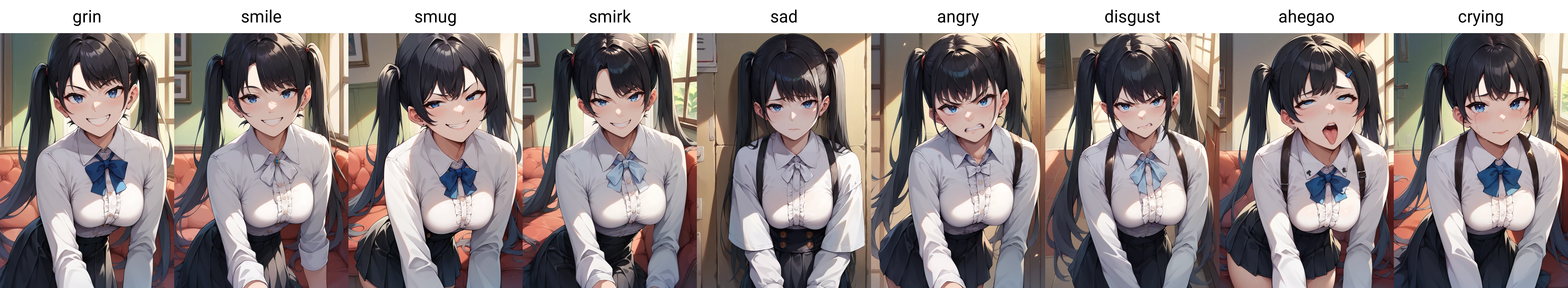 score_9, score_8_up, score_7_up, source_anime, 1girl,blue eyes,twintails, black hair, white blouse, black skirt, grin,looking at viewer, from front, <lora:Akita-Hika-PonyXL-000020:1>