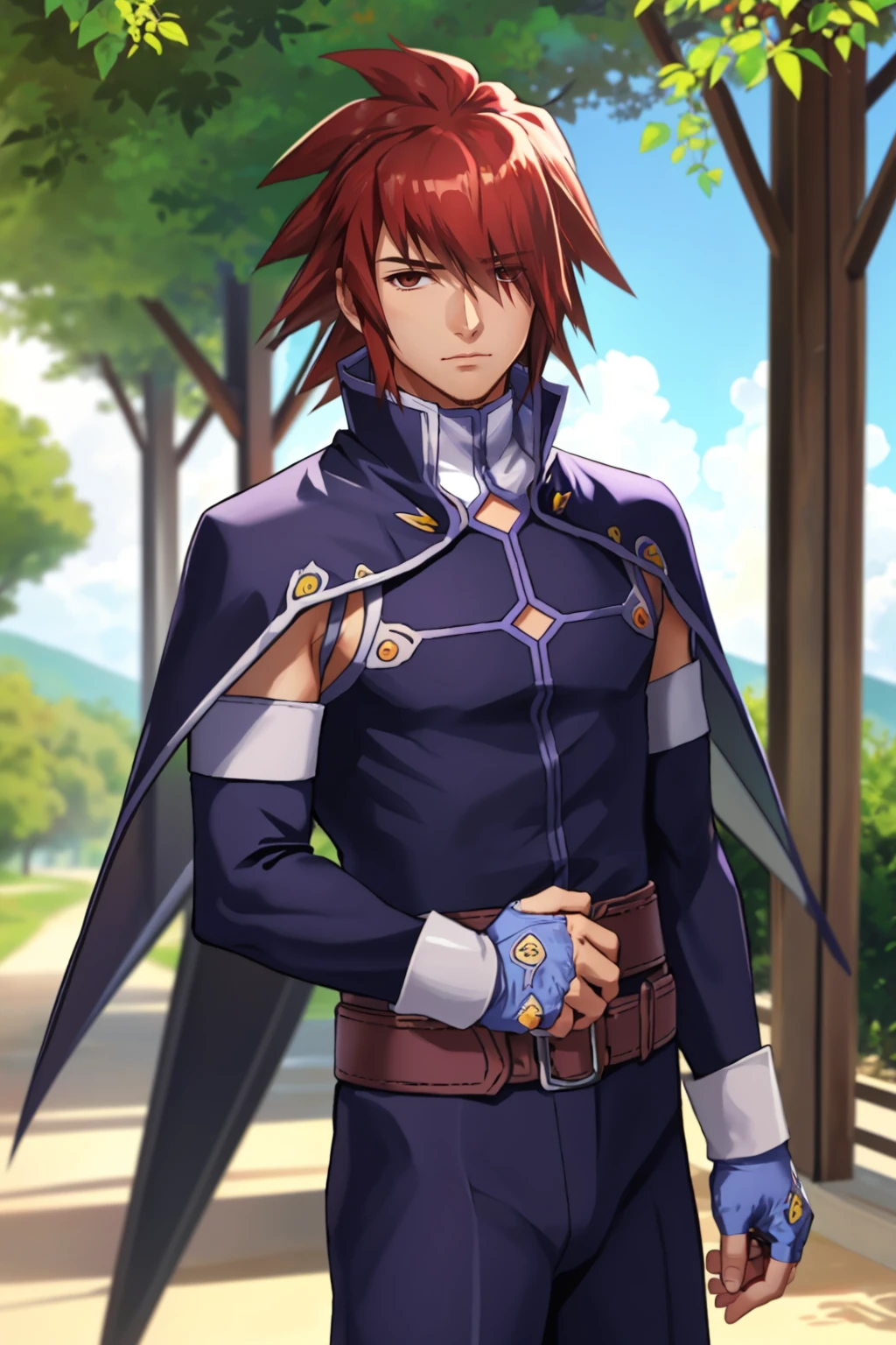 1boy, solo, looking at viewer, <lora:KratosToS:0.9> kratosToS, cape, detached sleeves, fingerless gloves, pants, hair over one eye, outdoors