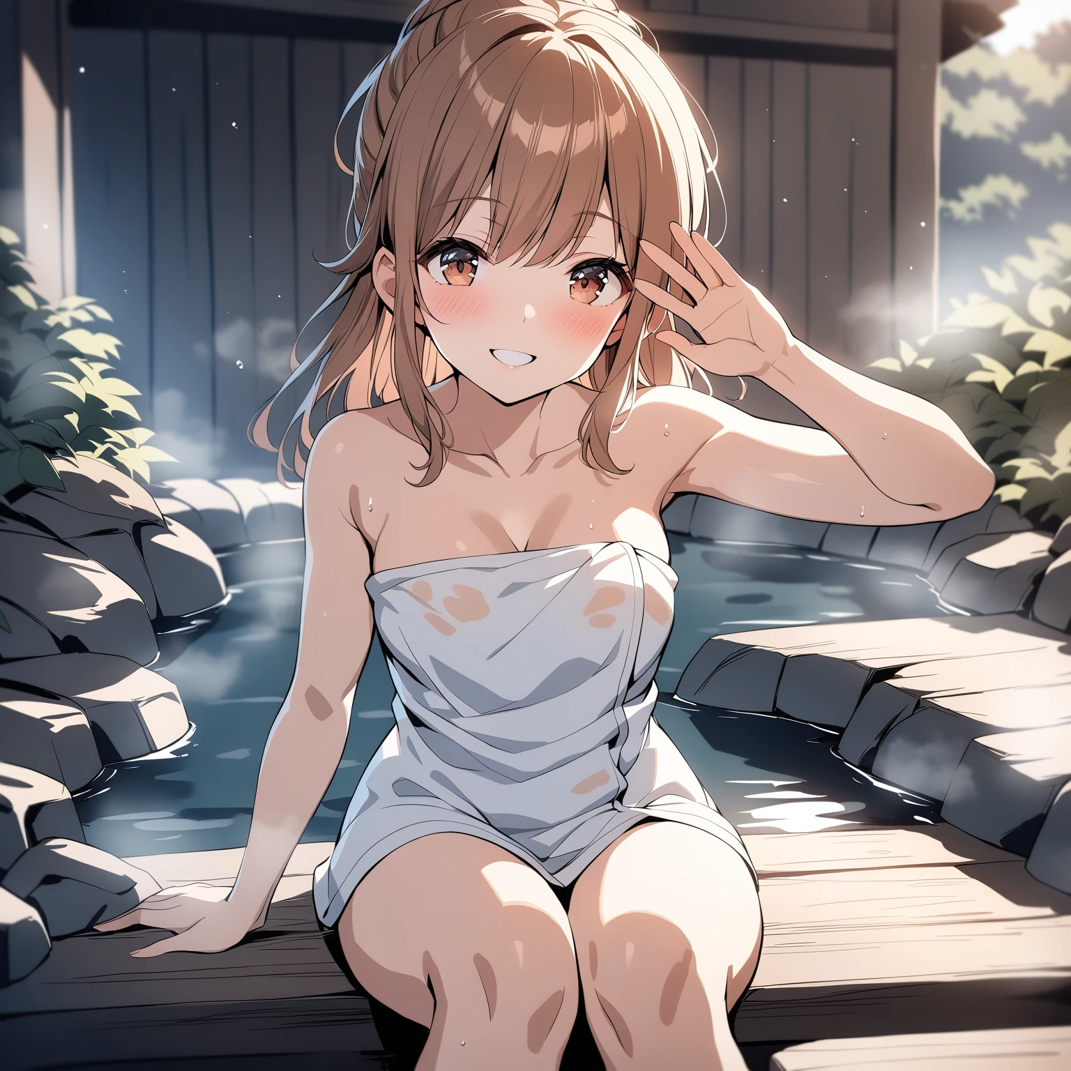 [high quality, best quality], [cinematic], 1girl, solo, hayasaka mei, naked towel, sitting, onsen, waving, looking at viewer, smile, blush, steam, [bloom, hdr], <lora:mei:0.5>