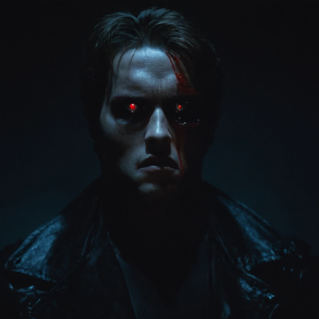 Horror-themed,  <lora:Terminator style:0.8>
In the 1980's Terminator a man with a bloody face and 1eye red and a metallic skin,solo,looking at viewer,1boy,closed mouth,male focus,hand up,blood,heterochromia,black background,portrait,blood on face,black sclera,kaneki ken , horror themed, dark themed, low key light, dramatic light, dramatic shadow light, contrast, cinematic color, cinematic look, filmic, realistic, realism, perfection, perfect, Kodak, Kodak film, movie still, Terminator style, The Terminator 1984 Film style, Eerie, unsettling, dark, spooky, suspenseful, grim, highly detailed