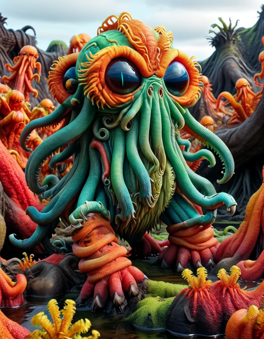 A cute colorful fluffy cthulhu, wildlife photography, in a ral-bnz swamp, 4K UHD, 8K UHD, High-definition, capturing made of ral-frctlgmtry