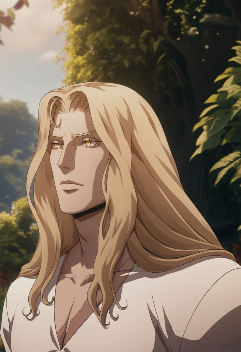 insanely dynamic illustration of anime style ALCRD man, close-up, pale yellow eyes, looking away. best quality, high resolution. crazy artstyle, careless brushstrokes, emotional and fun, cinematic still anime style ALCRD man, close-up, pale yellow eyes, looking away . emotional, harmonious, vignette, 4k epic detailed, shot on kodak, 35mm photo, sharp focus, high budget, cinemascope, moody, epic, gorgeous, film grain, grainy, anime style ALCRD man, close-up, front view, white undershirt,scar on chest, long wavy blonde hair, pale yellow eyes, looking away, standing in a sunny garden, anime style ALCRD man, close-up, pale yellow eyes, looking away, bright colors, cool, intricate detail, cinematic, highly detailed, sharp focus, attractive, sublime, determined, cheerful, cute, professional, extremely fine, very coherent, full color, pretty, innocent, dramatic, iconic, artistic, rich deep complex surreal background, best, expressive