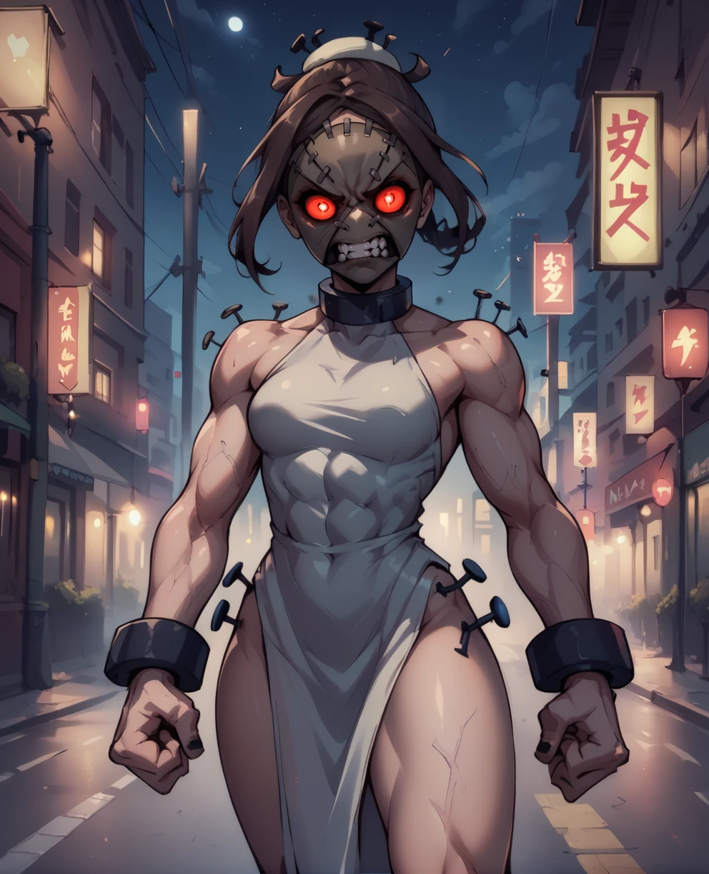score_9,score_8_up,score_7_up BREAK {prompt},clenched teeth,
painwheelmask,brown hair,single hair bun,black nail polish,angry,Brown Mask,stiches,glowing red eyes,
white dress,side slit,cuffs,bare shoulders,bolts,toned,
standing,clenched hands,
city streets,night,
solo,<lora:PainWheelMask:0.8>,