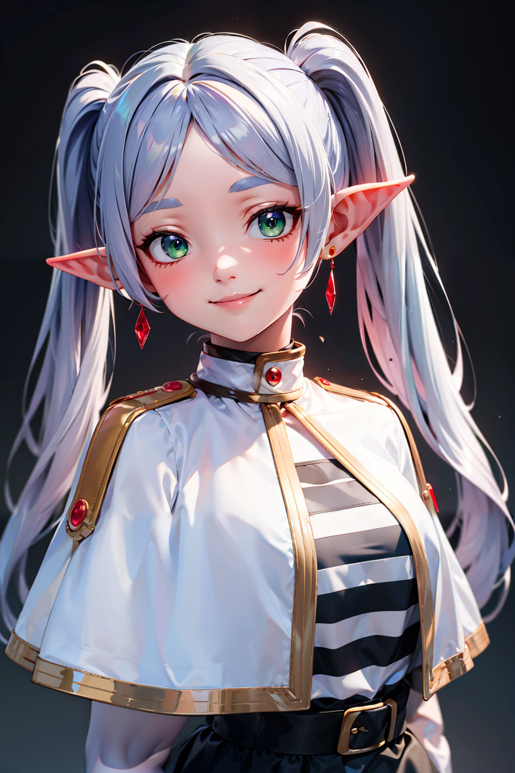 <lora:Beautiful_CAT_v3:0.8>, (masterpiece), best quality, high resolution, highly detailed, perfect lighting, aafrie, long hair, white hair, twintails, pointy ears, earrings, green eyes, thick eyebrows, white capelet, striped shirt, long sleeves, head tilt, <lora:frieren_v1:0.7>, upper body, smile, (hands behind back:1.1),