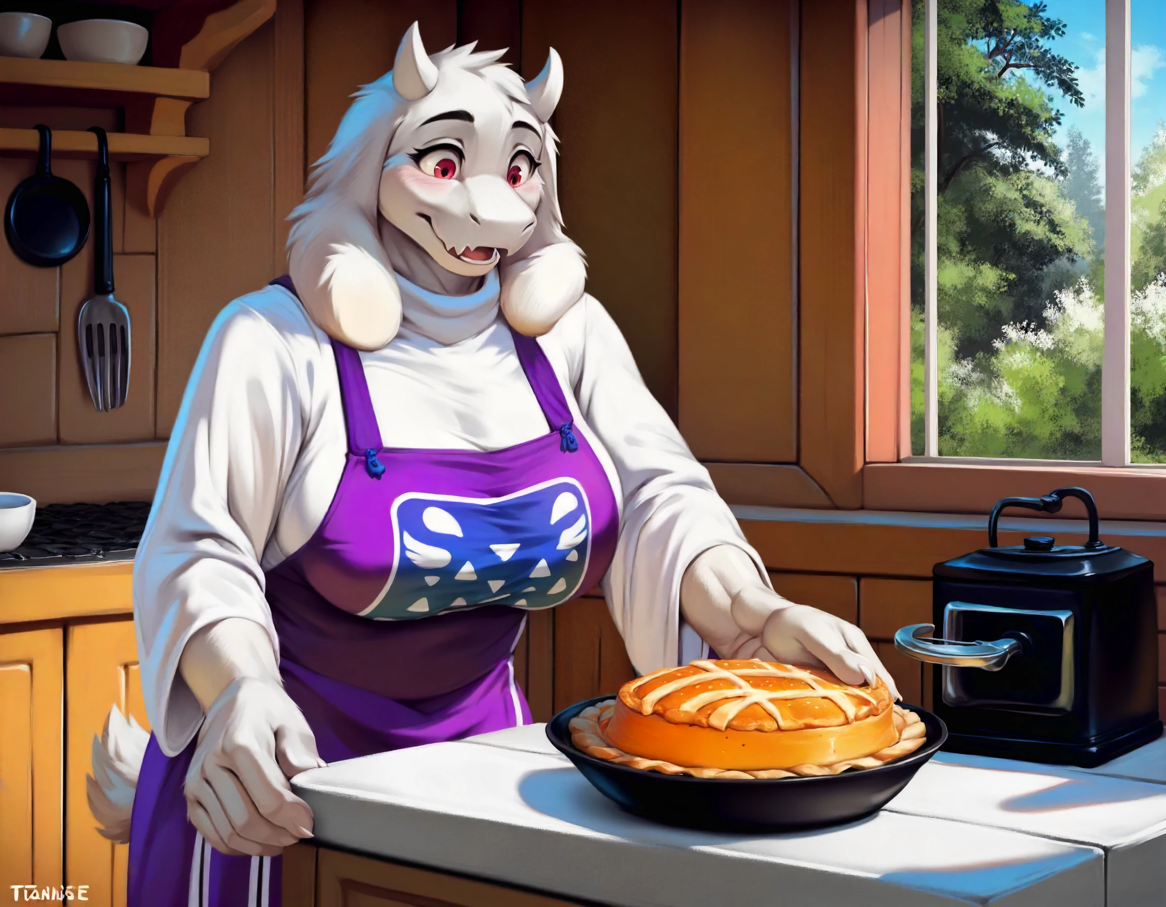 [toriel], [Undertale], [Uploaded to e621.net; (Pixelsketcher), ((cute face)), ((bimbo lips)), (red lips), ((big ass covered by dress)), ((slightly showing thong covered by dress)), (wamudraws), (woolrool)], ((masterpiece)), ((HD)), ((high quality)), ((solo portrait)), (big behind), ((butt visible)), ((feet visible)), ((furry; anthro)), ((detailed fur)), ((detailed shading)), ((beautiful render art)), ((intricate details)), beautiful, (cute),  mature, {anthro goat; white fur, white nose, (cute maroon eyes), (short eyelashes), (short horn), short fluffy tail, (big booty), (gorgeous wide hips), (thick thighs), (kenket), (showing ass), (open mouth, blush), (surprise), (frown)}, {(big tits, big breasts, big boobs), (dress, purple dress:1.2), (big butt), (white rune on chest)}, {(standing)), (free hands), (showing tight dress hugging ass), ((sweaty body)), ((wet body)), (looking at viewer)}, [background; (in her room), (nipple outlines under dress), (ambient lighting)], (big ass), (wide hips), ((sfw slightly showing thong covered by dress)), (thick thighs),  
