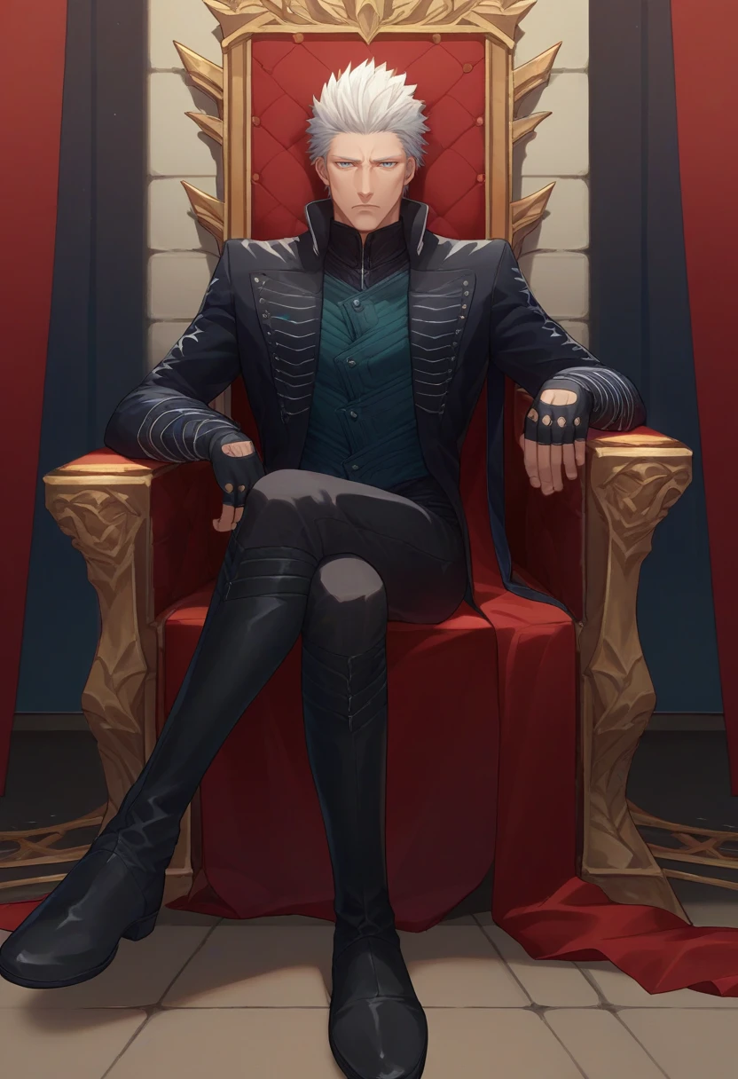 score_9, score_8_up, score_7_up, source_anime, solo, male focus, 1boy, dmc5vergil, expressionless, looking at viewer, sitting, crossed legs, throne, black coat, fingerless gloves, pants, black footwear, boots <lora:dmc5_vergil_ponyXL-000005:1>