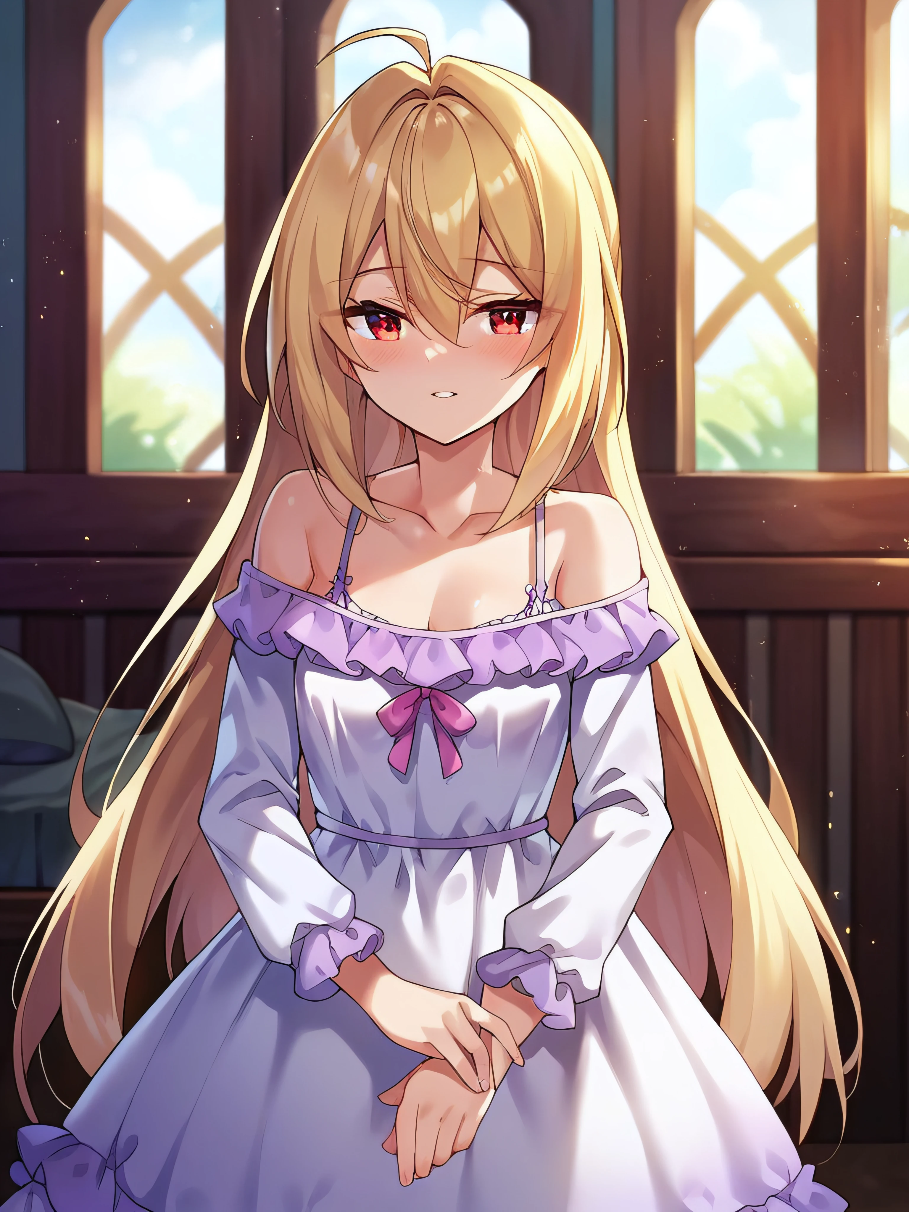 score_9, score_8_up, score_7_up, score_6_up, rating_explicit, anime_source, (perfect hands:1.2), ( perfect anatomy:1.4), cinematic shadow, cinematic light, cute and sensitive, (soft skin:1.2), characters focus, detailed eyes, detailed skins, <lora:add-detail-xl:0.7> , <lora:DetailedEyes_V3:1>, <lora:terakomari:0.9>, terakomari, blonde hair, bangs, hair between eyes, red eyes, very long hair, small breasts, dress, (nightgown:1.2), collarbone, long sleeves, (bare shoulders:1.2), off-shoulder dress, pajamas, frills, white dress, standing,