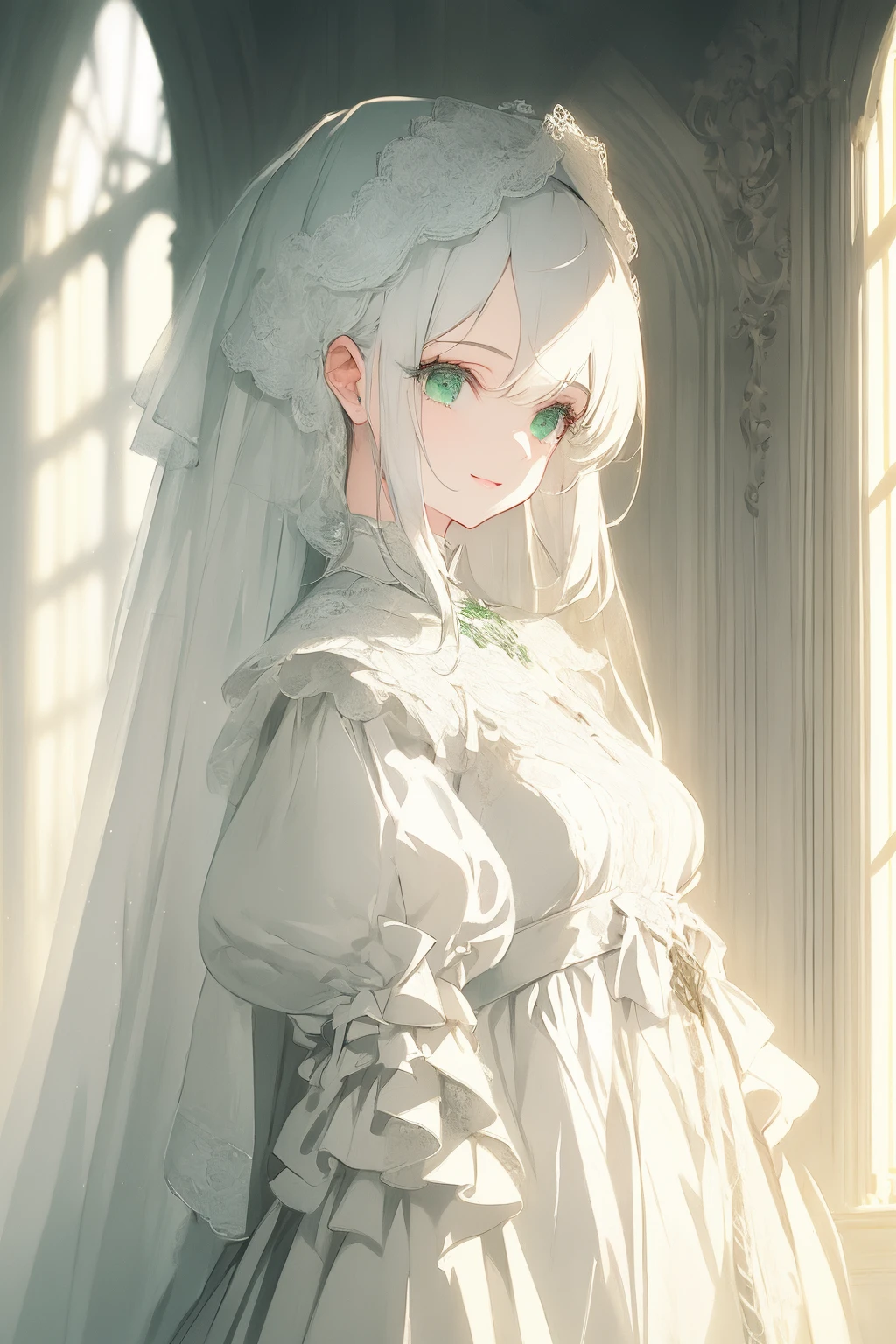absurdres, elaborate, softly illustration, softly atmosphere, softly color pencil illustration, hyper quality, hyper detailed, (1 Very Cute Girl:1.3), solo, white hair, light smile, beautiful green eyes