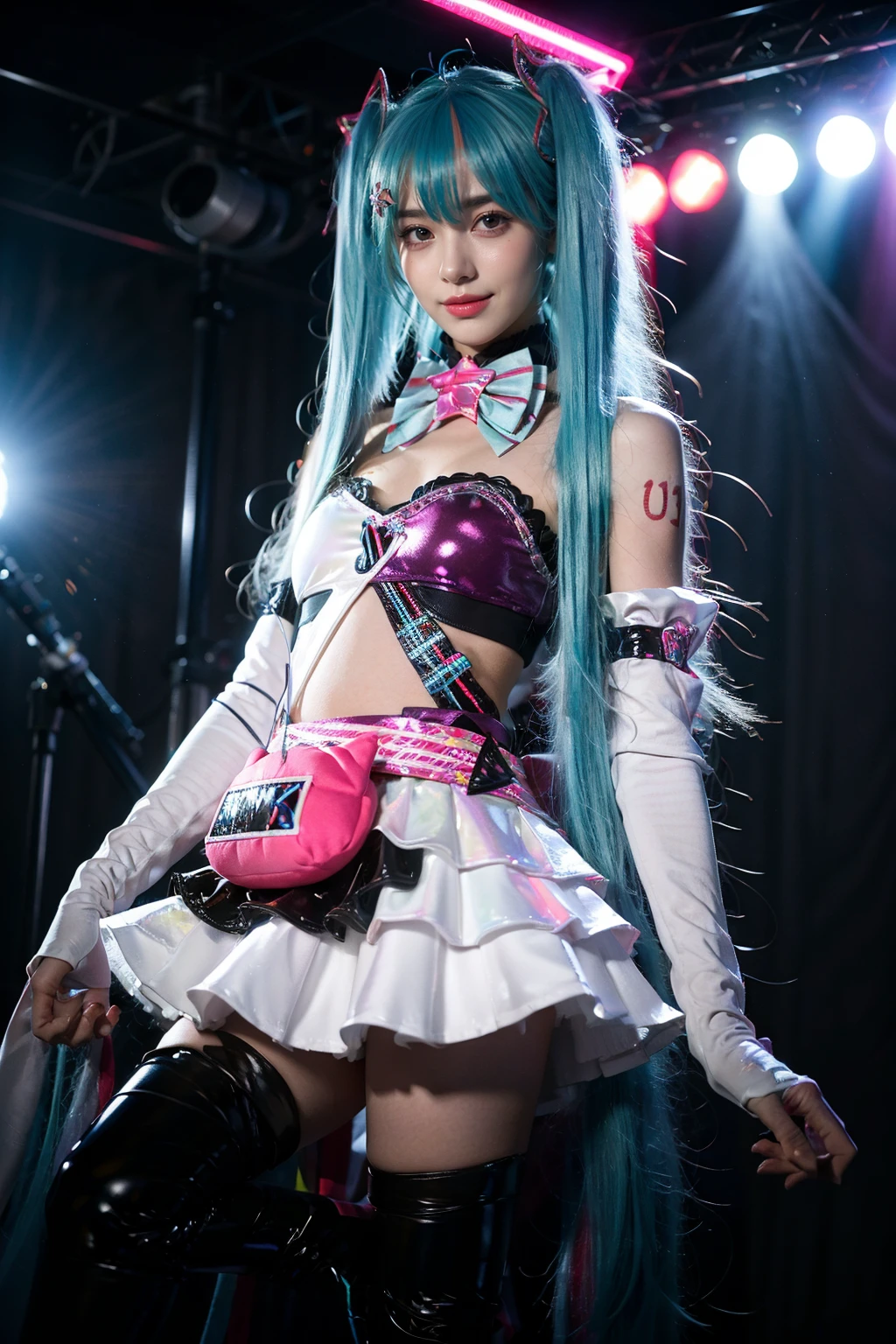best quality, masterpiece, realistic, photorealistic, 1girl, solo, looking at viewer, smile, standing, full body, hatsune miku cosplay costume, hatsune miku, cosplay, twintails, aqua hair, long hair, alternate costume, hairclip, hair ornament, tattoo, bra, bowtie, detached collar, detached sleeves, skirt, belt, bag, thigh boots, boots, high heels, stage, spotlight, bands, <lora:miku_cosplay_museDash_v2:0.7>