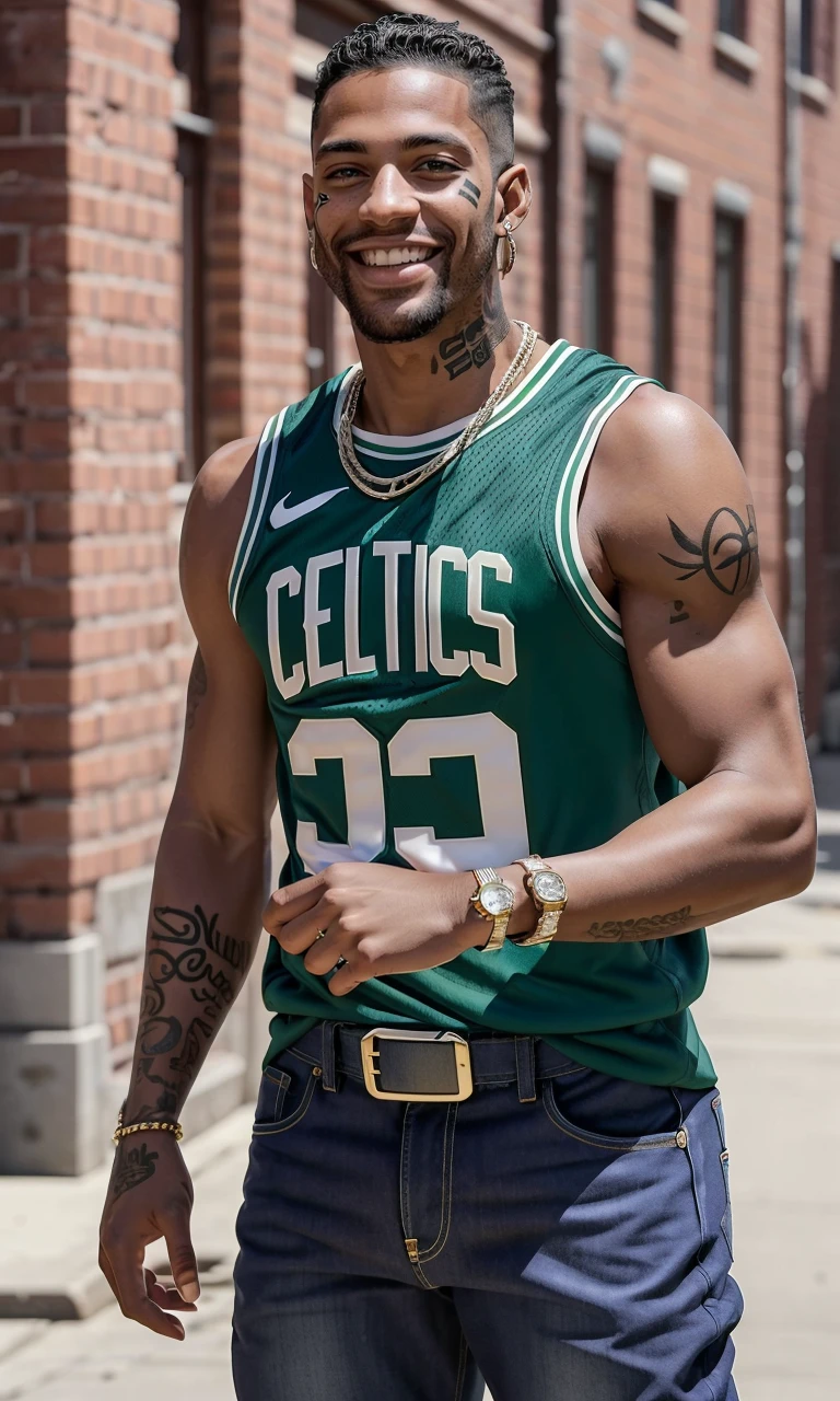 celtnba2024, 1man, Caucasian, puple hair, face tattoo, white rapper, 8k, uhd, masterpiece, detailed skin, skin pores, intricate, depth of field, raw image, 5 fingers, best quality, smile, looking at viewer, Boston Celtics jersey, in alley, beautiful graffiti in background, brick wall, jeans, jewelry, cuban link,