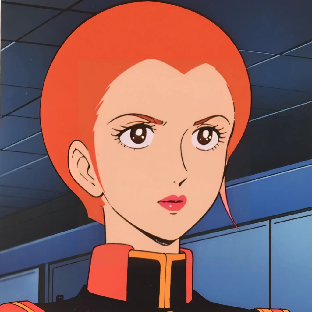 <lora:MatildaAdjan001:0.7>,
solo,
MatildaAdjan,1girl,orange hair,short hair,brown eyes,pink lips,retro artstyle,1980s (style),
military uniform,