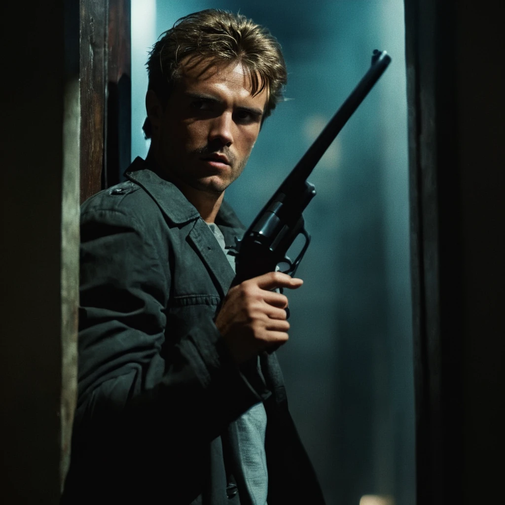 cinematic film still of <lora:Kyle Reese:1>
Kyle Reese a man holding a black revolver in a doorway,solo,short hair,black hair,1boy,holding,weapon,male focus,parted lips,holding weapon,english text,gun,facial hair,holding gun,handgun,dark,horror (theme) , action themed, dark themed, low key light, dramatic light, dramatic shadow light, contrast, cinematic color, cinematic look, filmic, realistic, realism, perfection, perfect, Kodak, Kodak film, movie still, Terminator style, The Terminator 1984 Film style, Kyle Reese style, shallow depth of field, vignette, highly detailed, high budget, bokeh, cinemascope, moody, epic, gorgeous, film grain, grainy