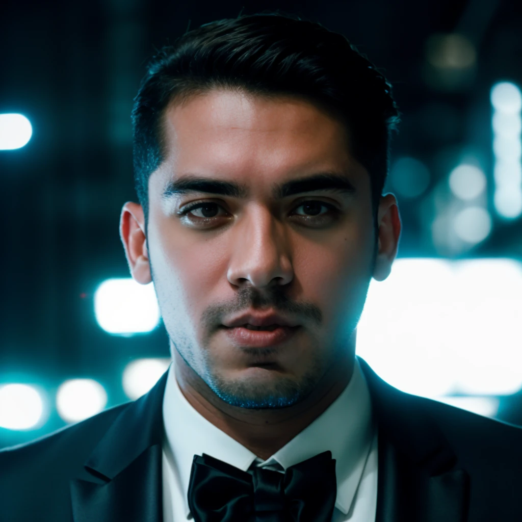 face portrait of mikefit person using a tuxedo, in blade runner, professional photography, high resolution, 4k, detailed photo, <lora:mikefit_68400:1>