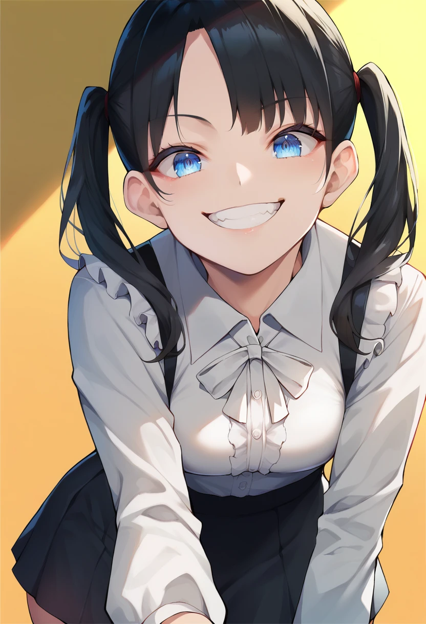 score_9, score_8_up, score_7_up, source_anime, 1girl,blue eyes,twintails, black hair, white blouse, black skirt, grin,looking at viewer, from front, <lora:Oekakizuki-Style-PonyXL-v1:1>