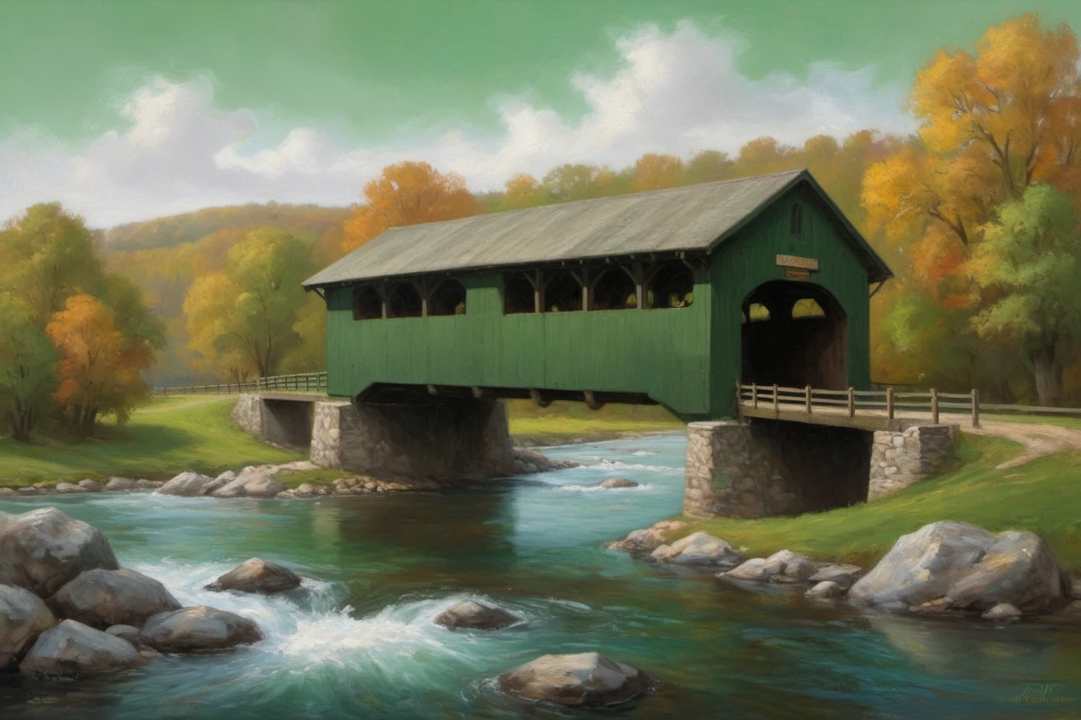 <lora:Wolvie_n3br1dg3s_v1.1:1> n3br1dg3s, an oil painting of a covered bridge, river cross view, painted green, <lora:d\EnvyOilPastelXL01:1>, oil, signed by "A.I. Wolvie", colorful, saturated, textured, 32k, fantastic realism, complex background, painting, master painter, 1700s