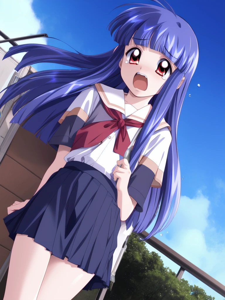 <lora:Shinonome_Mizuki:0.8> ShinonomeMizuki, 1girl, blue hair, skirt, red eyes, long hair, solo, skirt lift, clothes lift, day, tears, dutch angle, horns, sky, open mouth, school uniform,
masterpiece, high quality, very_high_resolution, large_filesize, full color,