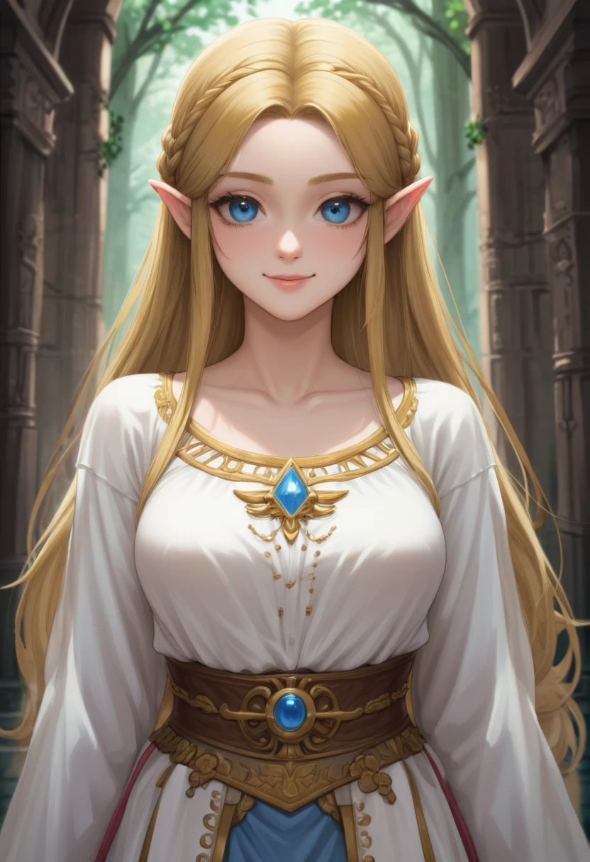 1girl, solo, female, Princess Zelda, a link between worlds, nintendo, blue eyes, blonde hair, gem, hylian, breasts, smile, BREAK score_9, score_8_up, score_7_up, score_6_up, source_anime, rating_questionable <lora:odanon_style_v2:1>