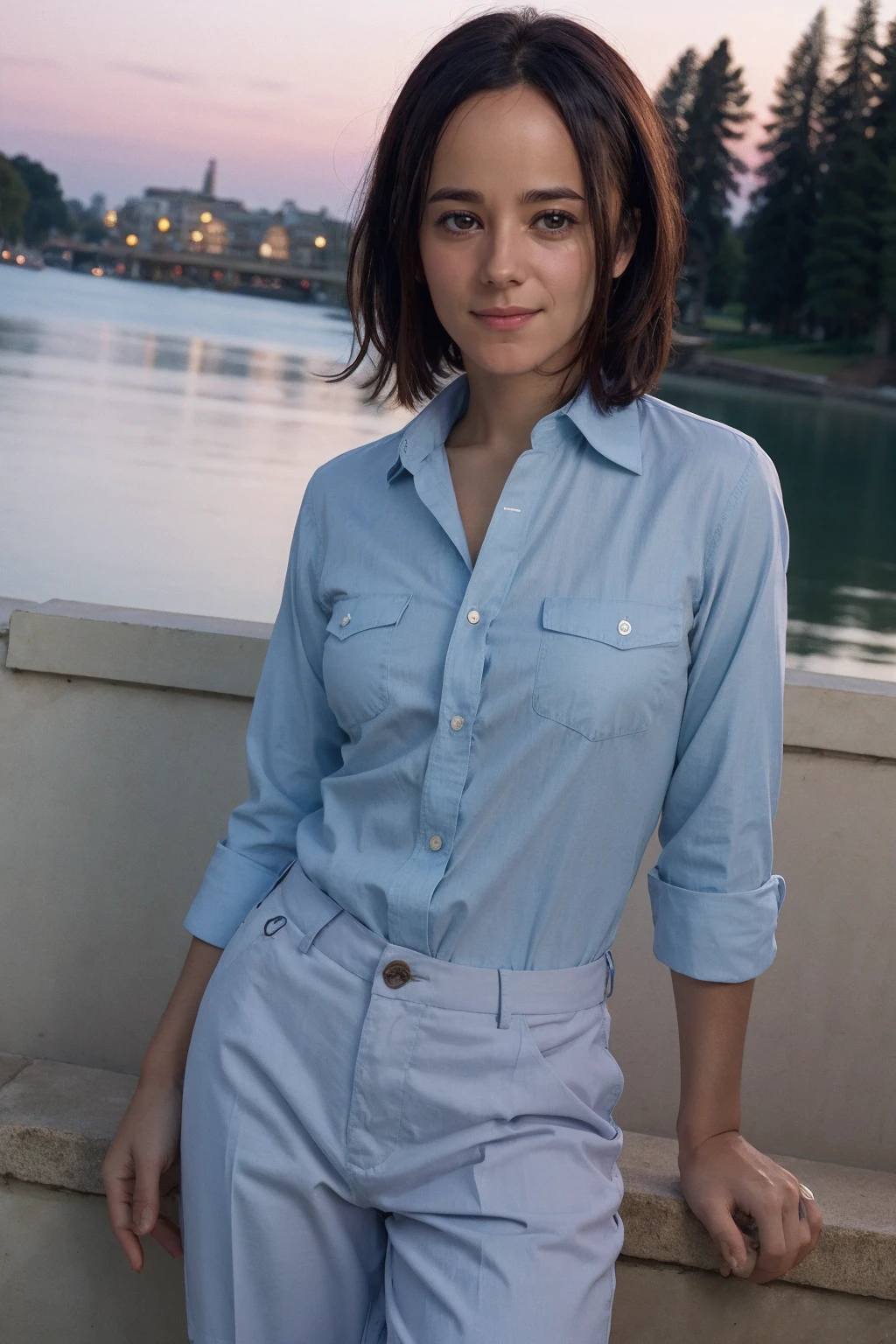 alizee <lora:alizee:0.8>, ,a woman wearing Button-up shirt and chinos, lakeside, (high key lighting:0.5)