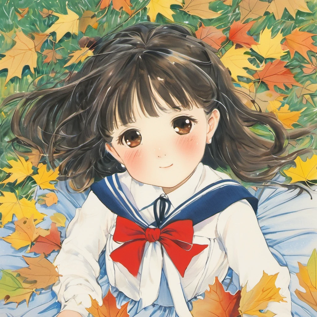 children-drawing,colorful drawing,whimsical drawing,l1girl, solo, school uniform, skirt, scarf, lying, serafuku, on back, long sleeves, autumn, blue skirt, looking at viewer, sailor collar, bow, brown eyes, long hair, tears, autumn leaves, bangs, blue sailor collar, shirt, parted lips, pleated skirt, white shirt, envelope, ahoge, blurry, red scarf, black hair, crying, leaf, letter, crying with eyes open, yellow bow, outdoors, brown hair, bowtie, ginkgo leaf, from above, tearing up, blush<lora:Ath_ink-painting_XL:1>,