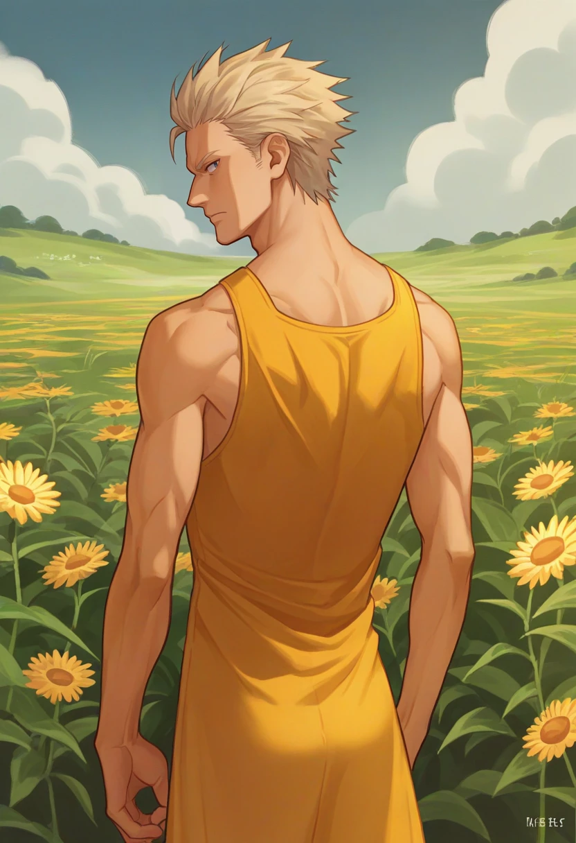 score_9, score_8_up, score_7_up, source_anime, from behind, solo, male focus, 1boy, dmc5vergil, toned, expressionless, looking back, yellow sundress, flower field <lora:dmc5_vergil_ponyXL-000005:1>