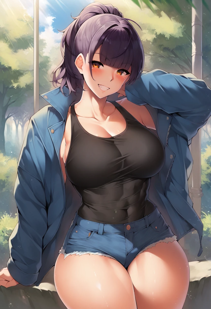 score_9, score_8_up, score_7_up, source_anime, 1girl, solo, park, amber eyes, violet hair, blue jacket, open jacket, black tank top, jean shorts, seated, on a rock, cowboy shot, grin, blush,  big breasts, wide hips, thick thighs, blunt bangs, ponytail,    <lora:Kawai-Style-PonyXL-v1-000032:1>