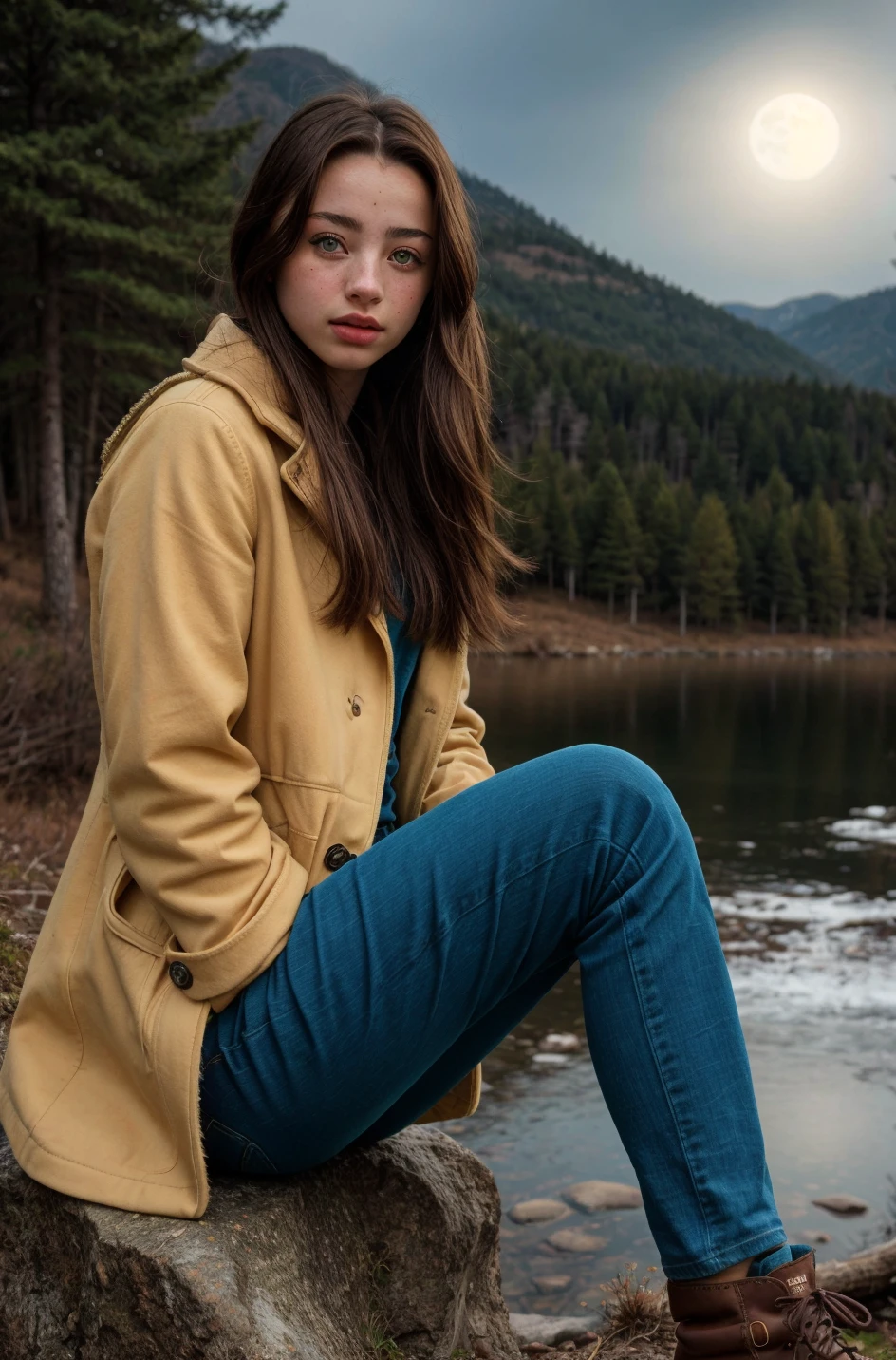 RAW photograph, tv_Mishka_Silva_M,  , sad expression, wearing a winter coat, wearing winter pants, wearing winter boots, sitting on a rock by a frozen mountain lake, midnight, moonlight, shot from the side,,  (((epic-Ultra-HD-details, epic-Ultra-HD-highlights, upscaled-resolution, optimal))) ,  PA7_Human-Likeness
