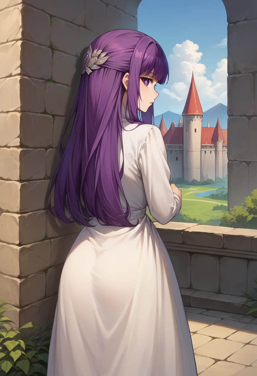 score_9, score_8_up, source_anime, 1girl, solo, FernBase, purple eyes, purple hair, long hair, half updo, hair ornament, white dress, collared dress, outdoors, castle wall, from behind, looking back, standing, <lora:CHAR-FernPonyXL:1>