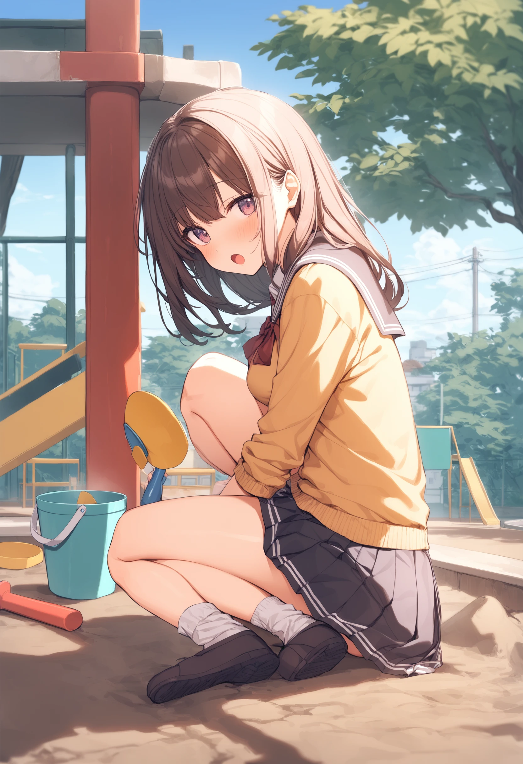 loli, school uniform, peeing, wet panties, Embarrassing face, blusher, Human toilet, schoolyard, in public, hiquality, 4k
