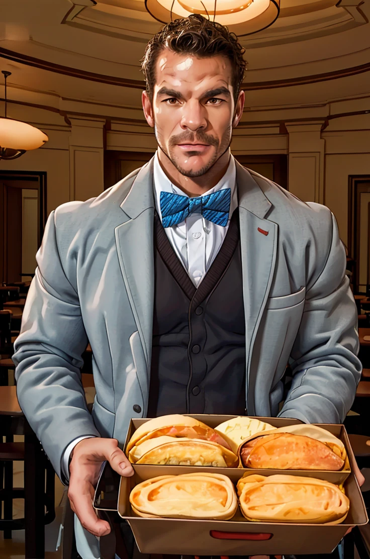 (RAW photo), portrait, muscular, suit jacket, bow tie, absurdres, <lora:RileySupermanReturns:0.85>, rileysuperman, mature male, <lora:backlight_slider_v10:1.3>, formal, brown eyes, pectorals , looking at viewer, restaurant