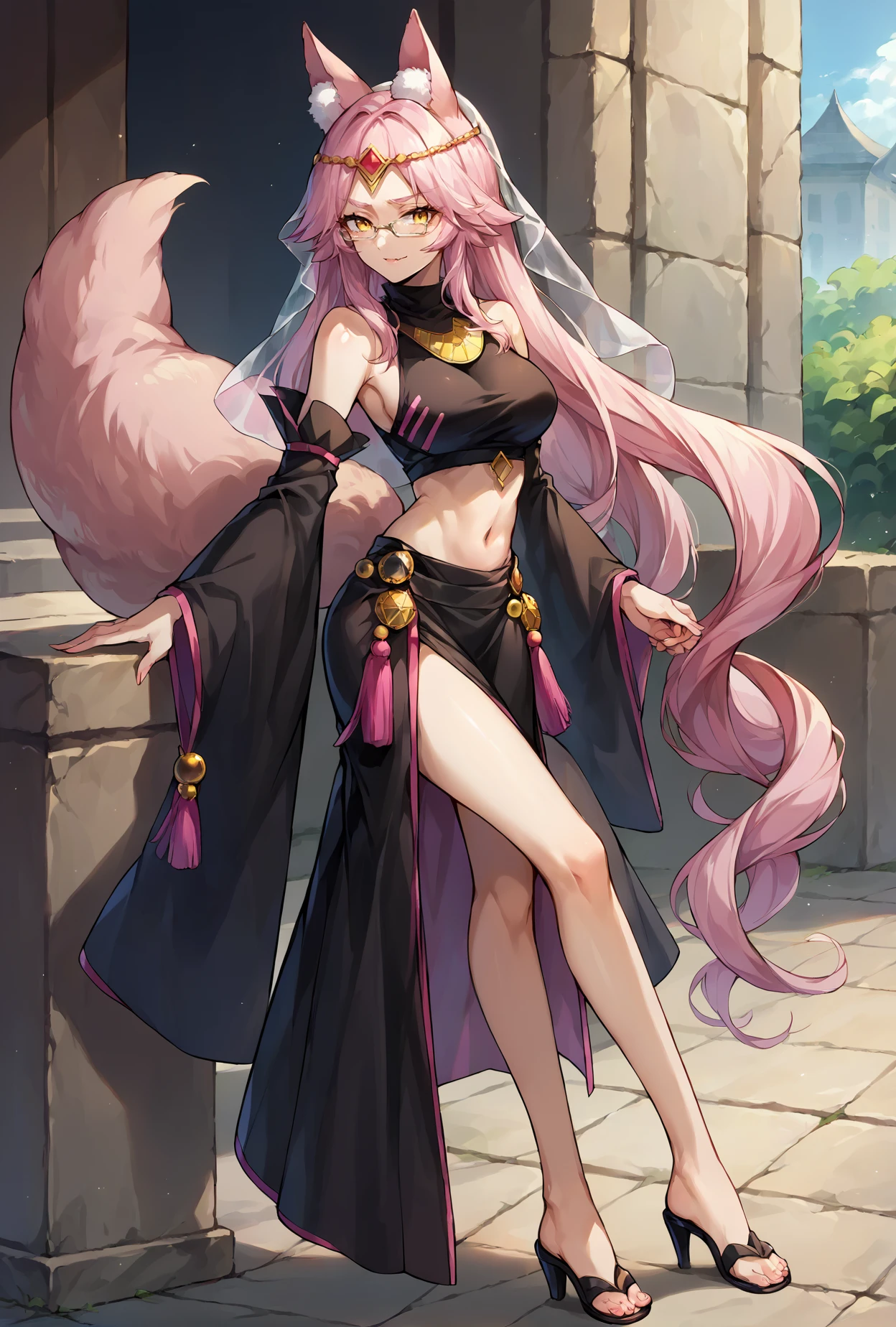score_9, score_8_up, score_7_up, source_anime, koyanmixpdxl, 1girl, solo, <lora:Koyanskaya_PDXL:0.8>, glasses, very long hair, pink hair, yellow eyes, pink fox ears, pink fox tail, animal ears, fox girl, ((large breasts:1.4, busty:1.2)), stockings, stiletto heels:1, smile, night time, apartment, night:1, lipgloss, wedding ring, (black crop top:1), slim waist, underboob, bare shoulders:1, jewelry, bracelets, shawl:1, gold trim, gold shoes, sleeveless:1, halter, black skirt, long skirt, skirt slit, midriff, shawl, stiletto heels, <lora:FFTDNC PDXL:0.4>,