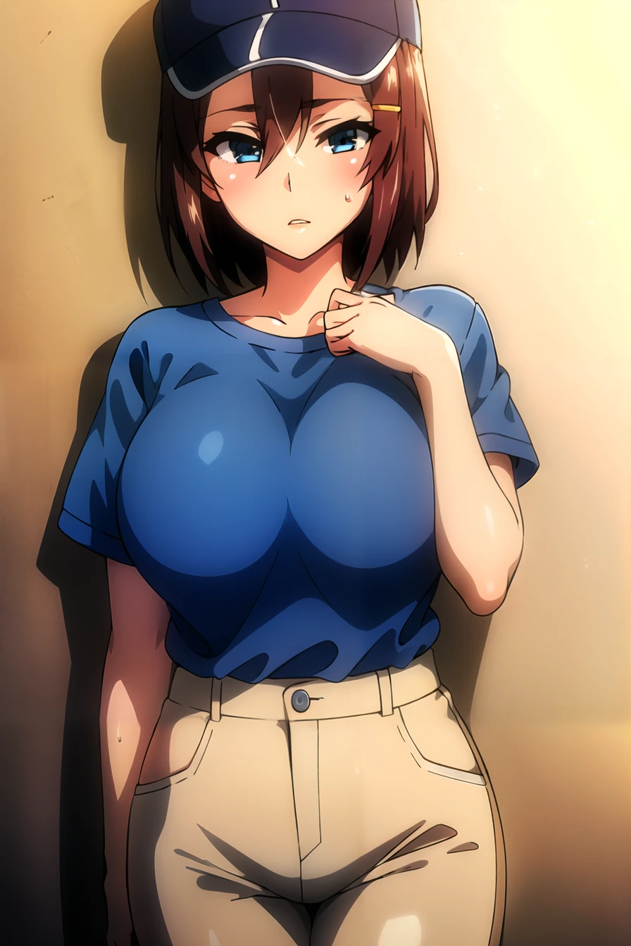 <lora:Nanao Akane:0.8>,(masterpiece:1.0),(best_quality:1.0),ultra high res,absurdres,ultra-detailed,simple background,cowboy shot,
nanao-akane, 1girl, solo,blue eyes, large breasts, brown hair, short hair,hairclip,blue shirt,beige pant, cap,