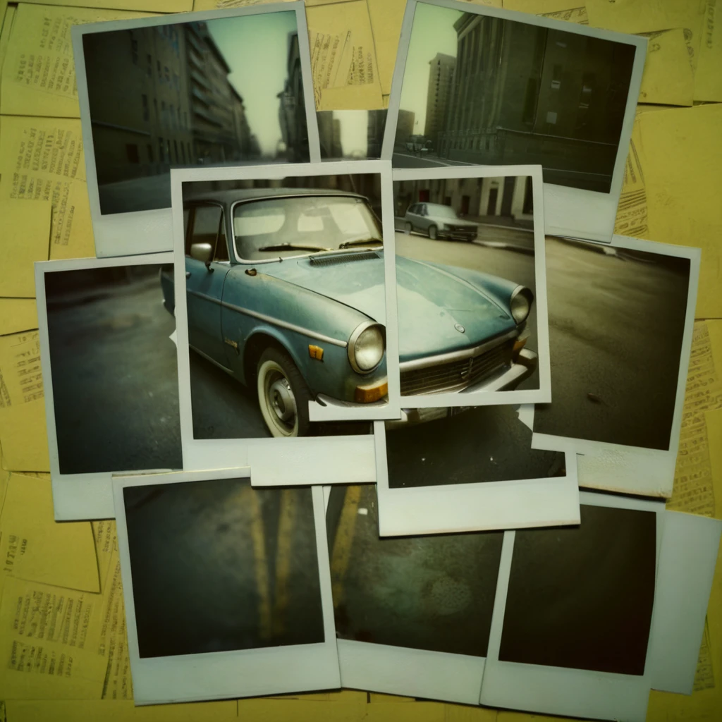 poluzzle old car in city, polaroid photos, cinematic, dark atmosphere <lora:poluzlle:1>