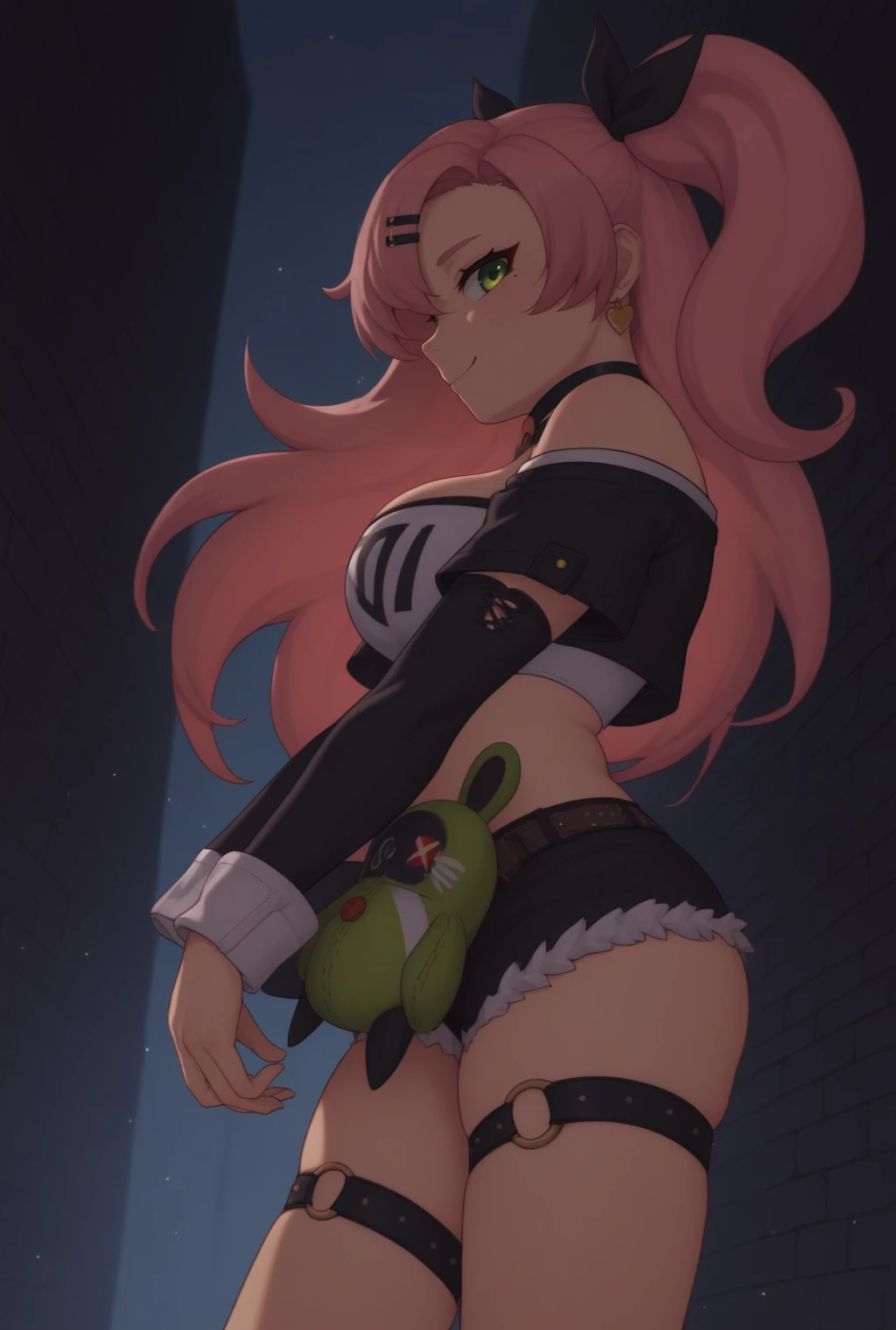 score_9, score_8_up, score_7_up, source_anime, looking at viewer, looking down, cowboy shot, 
<lora:NcleaPdxlDwnsty_1-000008:1>, Ncle, green eyes, pink hair, long hair, two side up, hair ribbon, hairclip, mole under eye, tube top, black jacket, heart choker, midriff, micro shorts, single thighhigh, thigh strap, shoulder cutout, long sleeves, earrings, jewelry, stuffed toy, 
 large breasts, skindentation, smile, walking, from side, profile, from below, 
 concrete,brick wall, grafiti, night, dimly lit, cinematic lightning, dust, light particles,