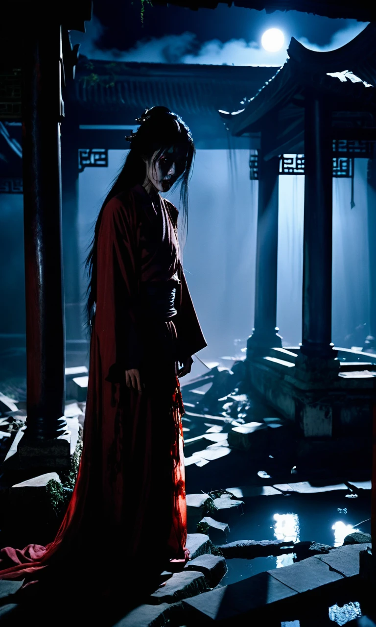 cinematic photo Ghostly figure, Asian horror, chilling gaze, contorted limbs, abandoned temple ruins, moonlit night, blood-dripping mouth, long disheveled hair, ancient curse, vengeful spirit, eerie silence, sudden cold drafts, whispering voices, decaying flesh, shadowy corners. Inspired by Japanese and Thai horror films,<lora:Horror_ghost:0.8>, . 35mm photograph, film, bokeh, professional, 4k, highly detailed
