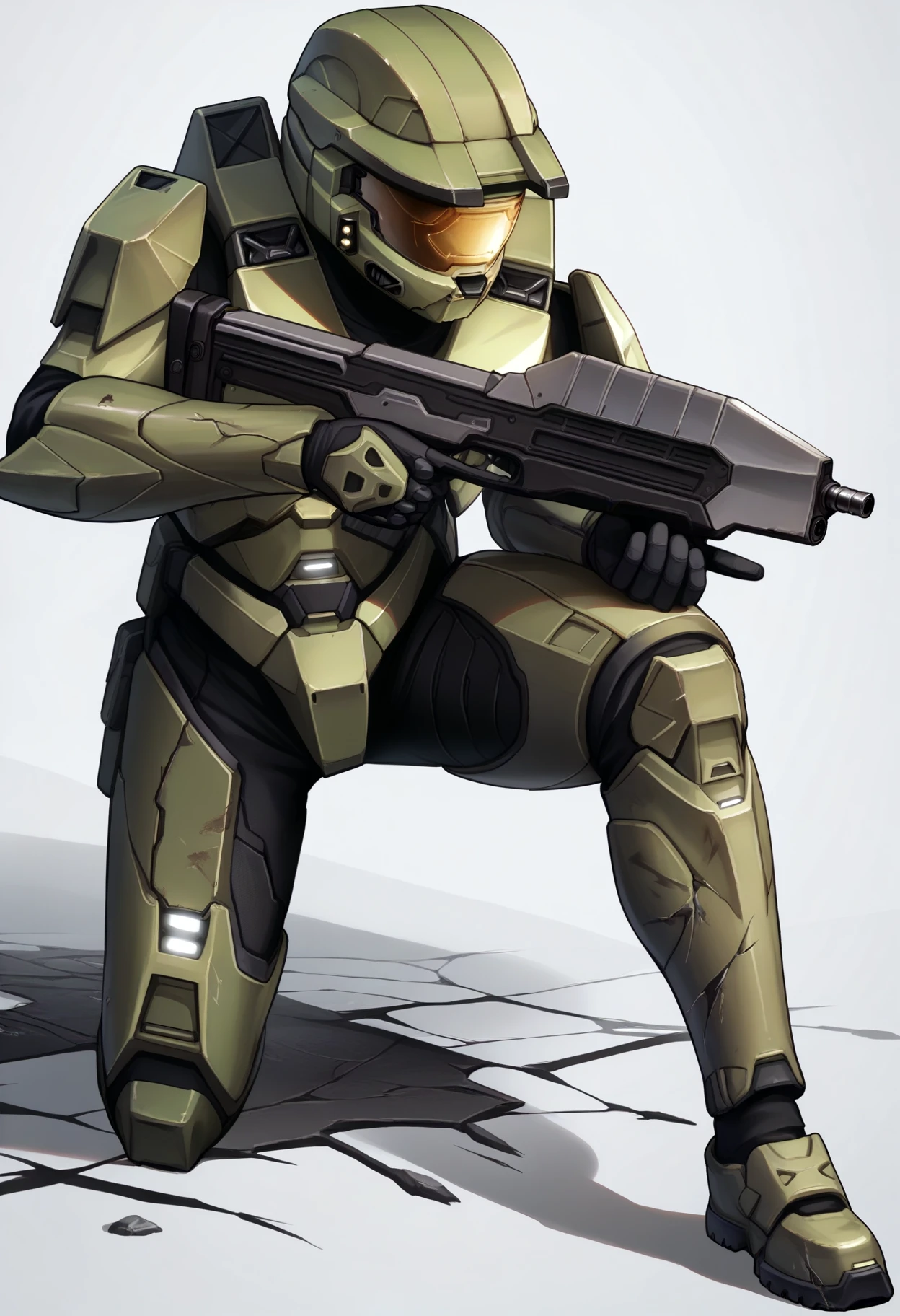 score_9, score_8_up, score_7_up, realistic, source_anime BREAK 1boy, male focus, <lora:masterchief-halo-richy-v1_pdxl:1> masterchief, helmet, visor, power armor, handgun, aiming, metallic texture, cracked, reflective, shiny, white background, holding weapon, assault rifle, <lora:nikke-style-poses-richy-v1_pdxl:1> nikkecrouching, full body, one knee