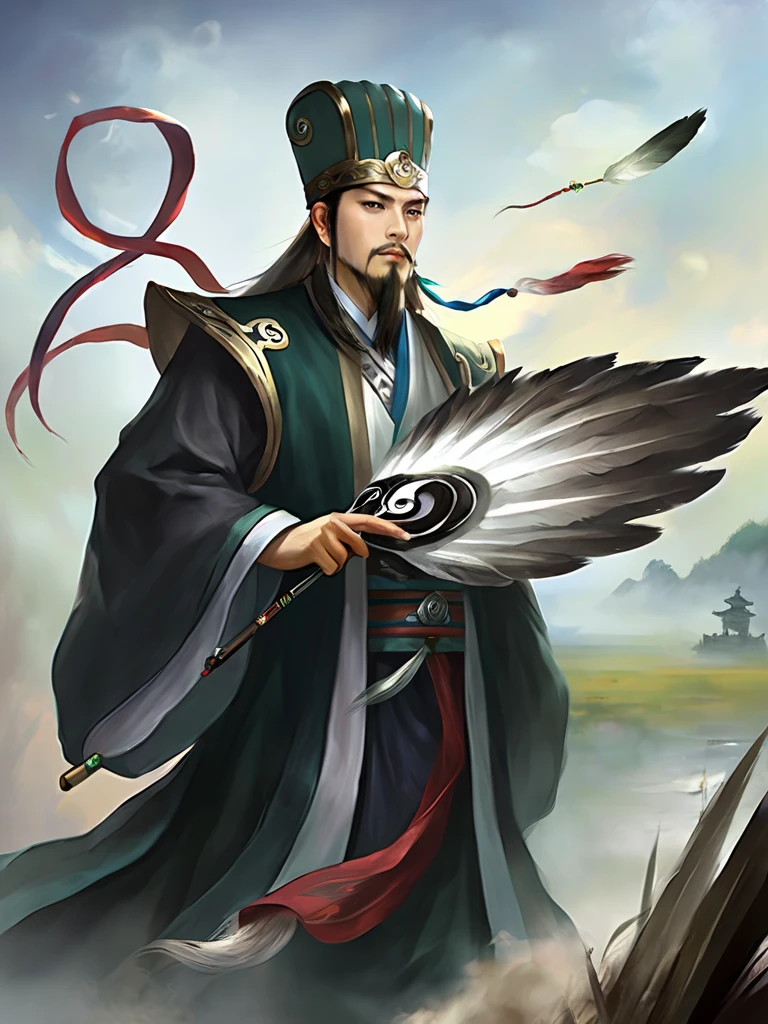 illustration, masterpiece, zhugeliang man, holding feather fan, black hanfu, cloth hat, full shot, on battlefield <lora:three_kingdoms:0.8>