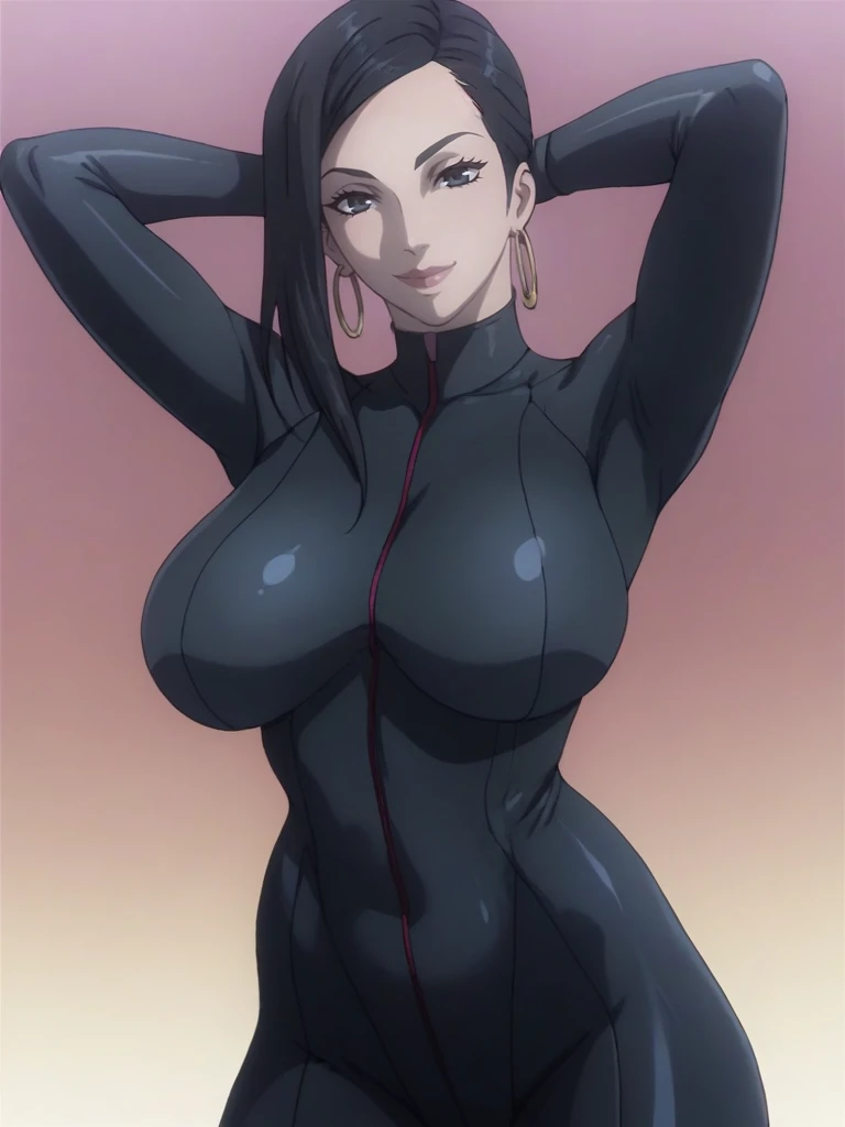 <lora:Makina_Deadman_Wonderland-PonyXL-1024px:0.8>
score_5_up, score_6_up,
1girl, solo, mkna, arms behind head, smile wearing (black bodysuit), hoop earrings, large breasts, impossible clothes