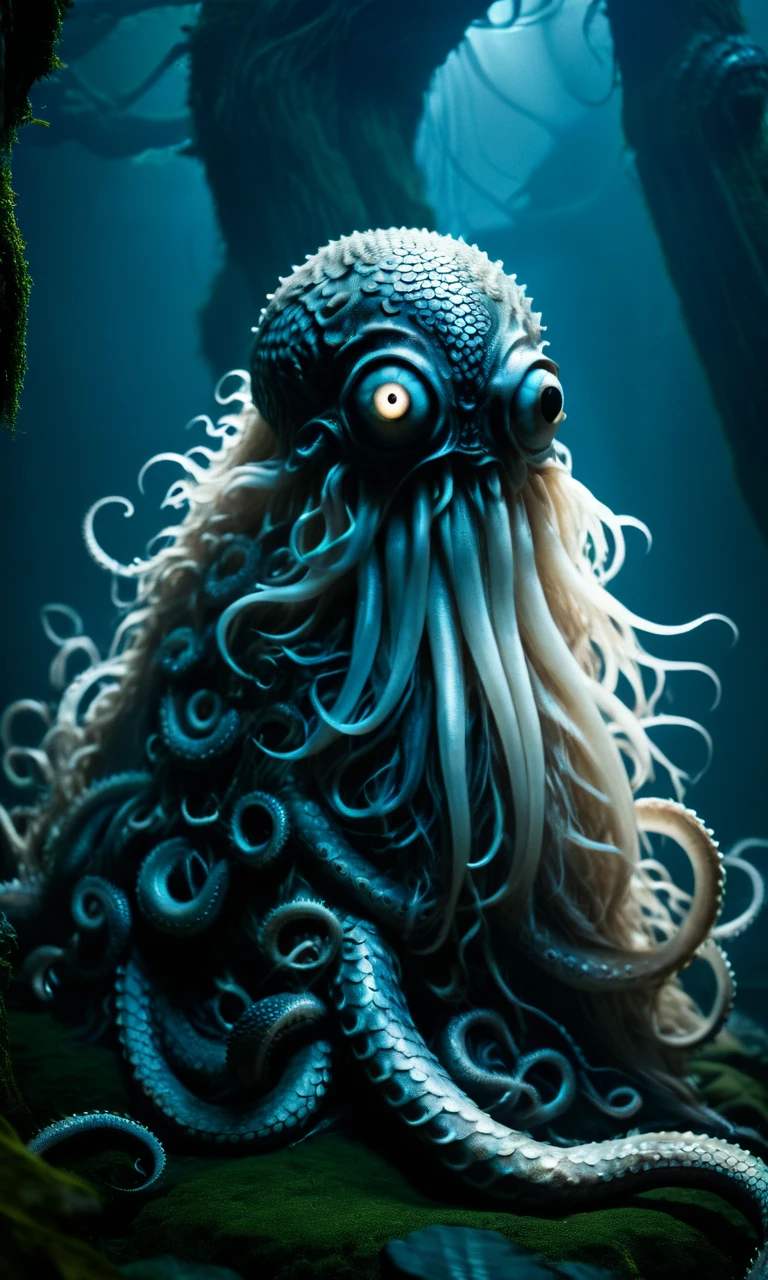 cinematic photo chinese folklore, fantasy creature, monstrous, tentacle-like appendages, prominent eyes, textured skin, eerie, supernatural, parchment-like background, <lora:Horror_ghost:1>, . 35mm photograph, film, bokeh, professional, 4k, highly detailed